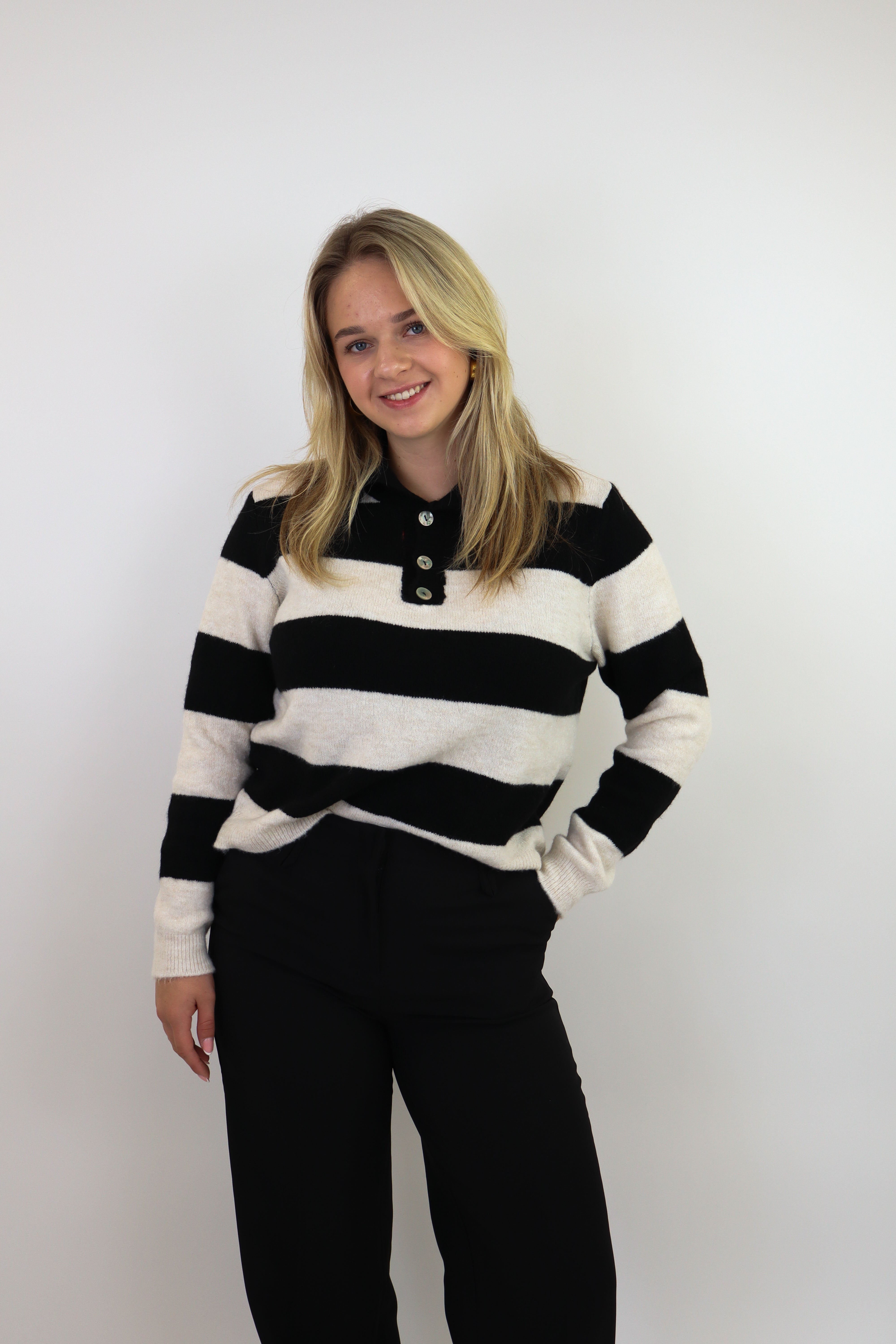 Striped Polo Sweater Zwart