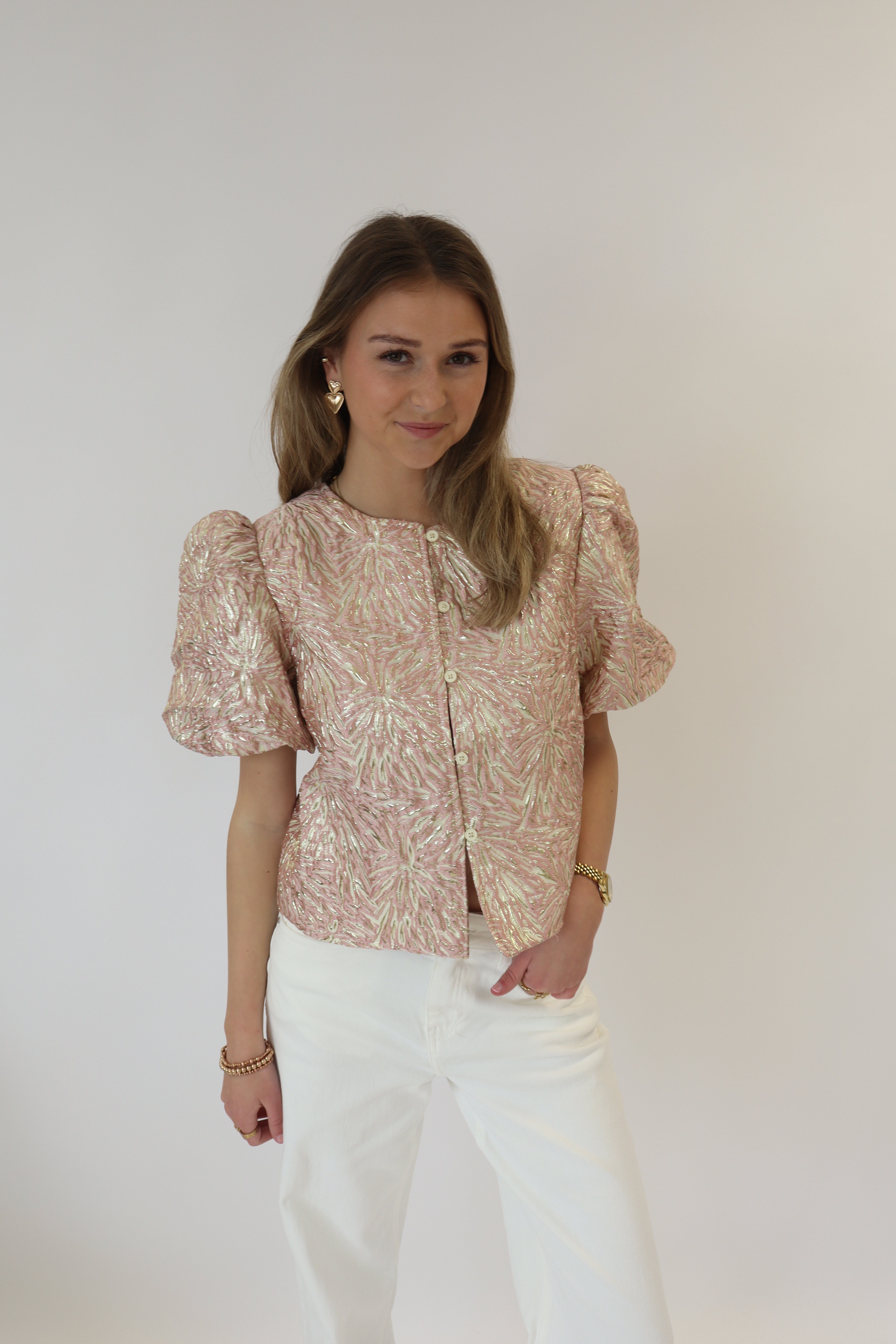 Lisa Printed Top Short Sleeve Beige/Pink