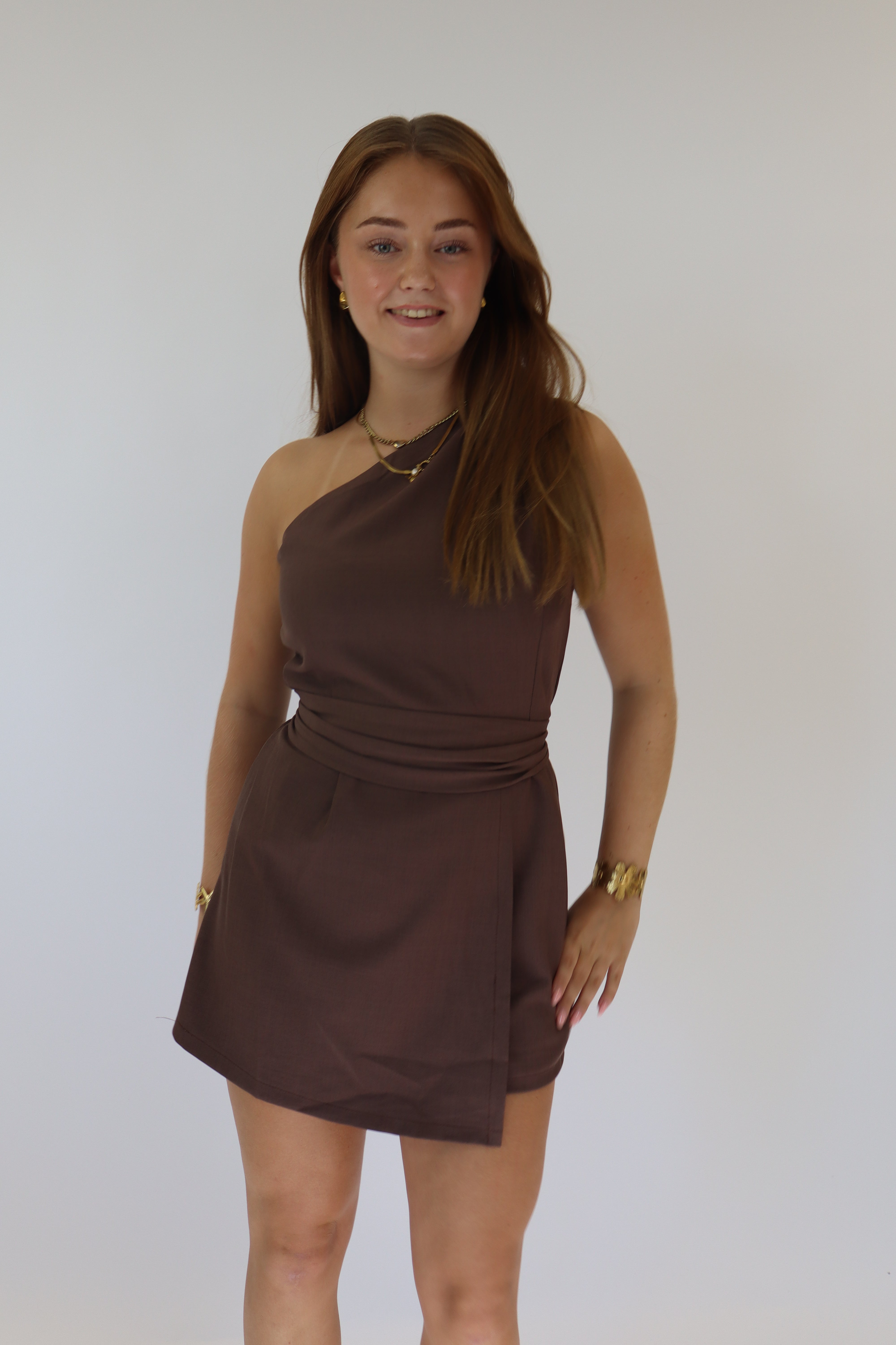 Alysha One Shoulder Playsuit Brown