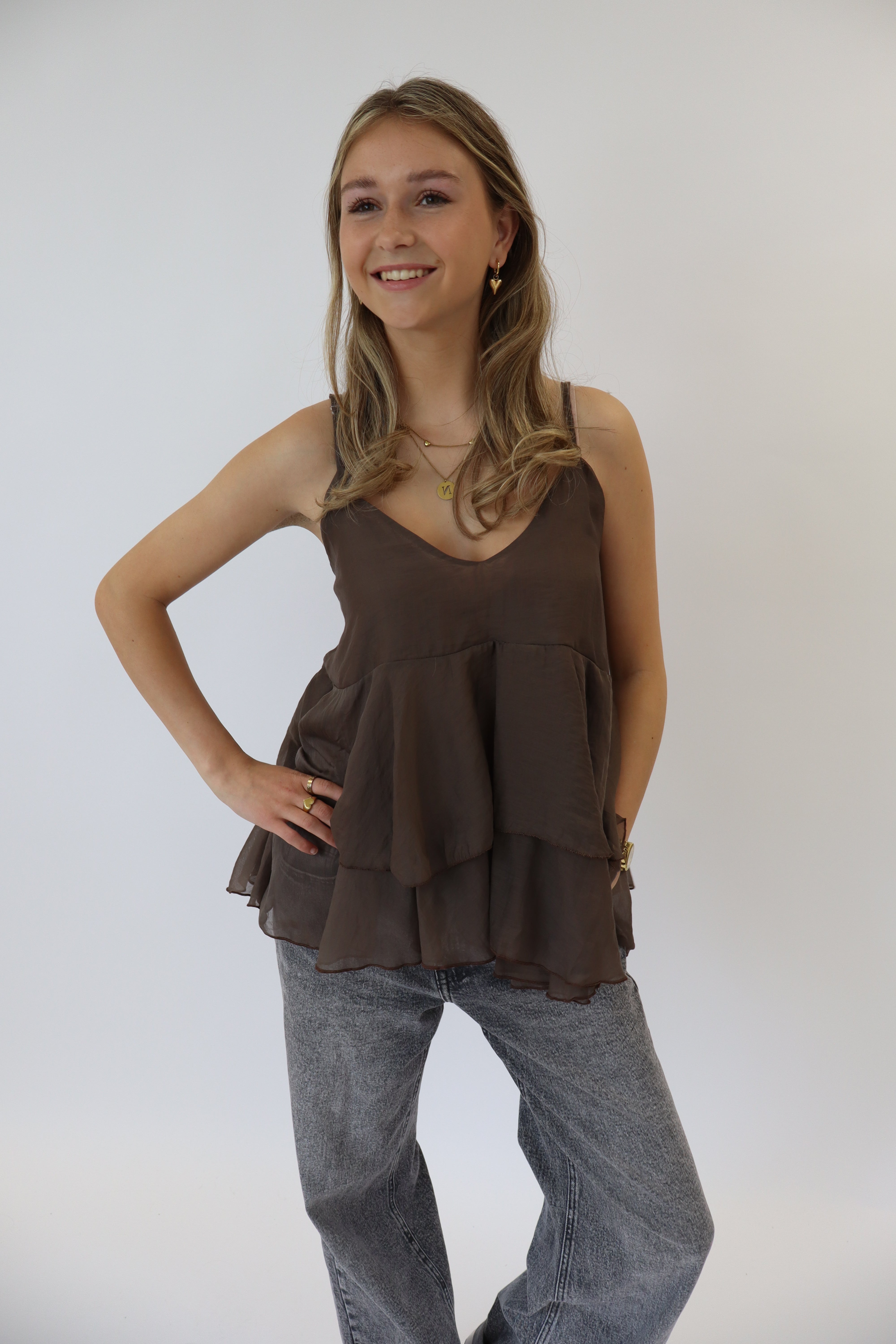 Mila Ruffle Top Taupe