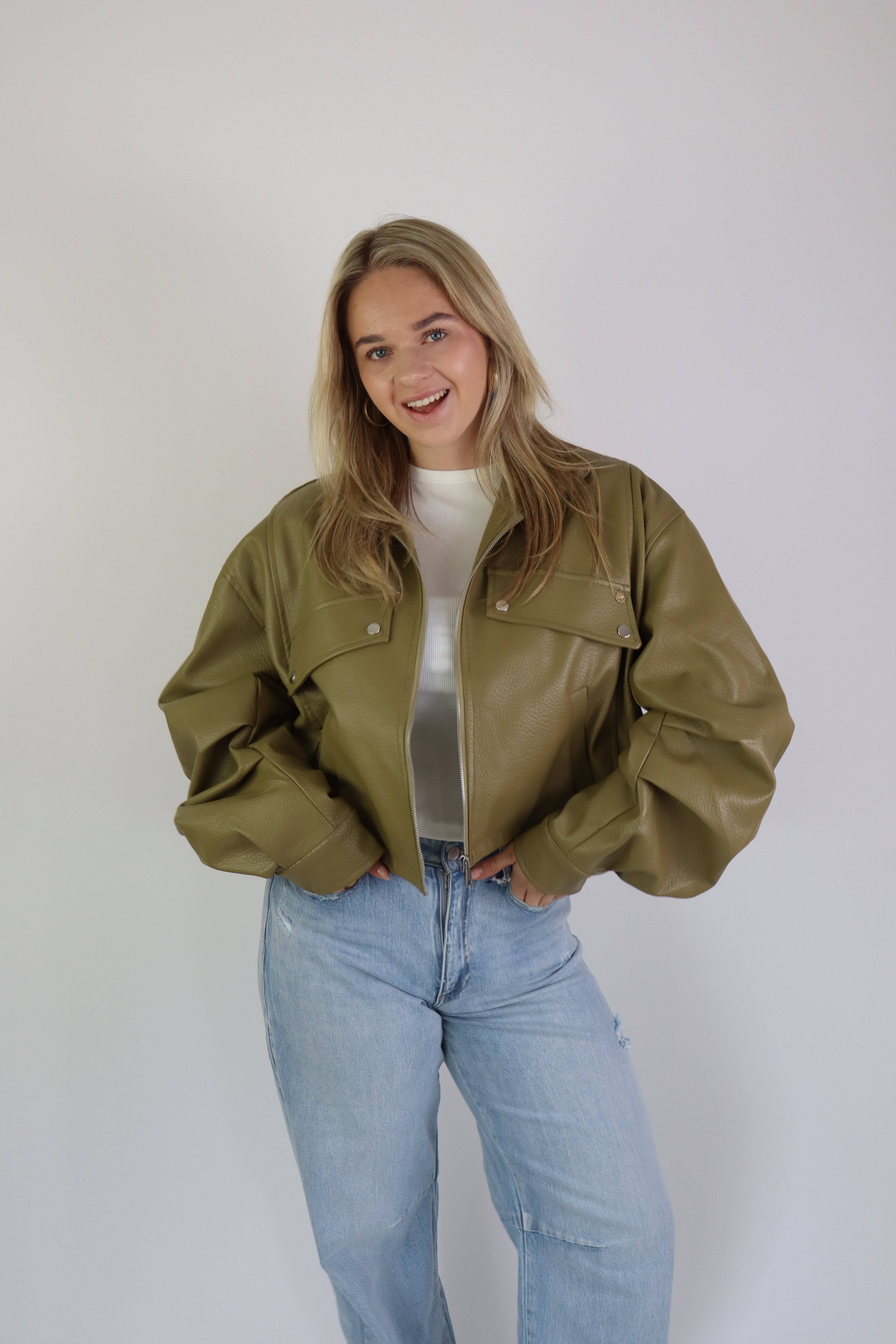 Jaeli Leather Jacket Olive Green