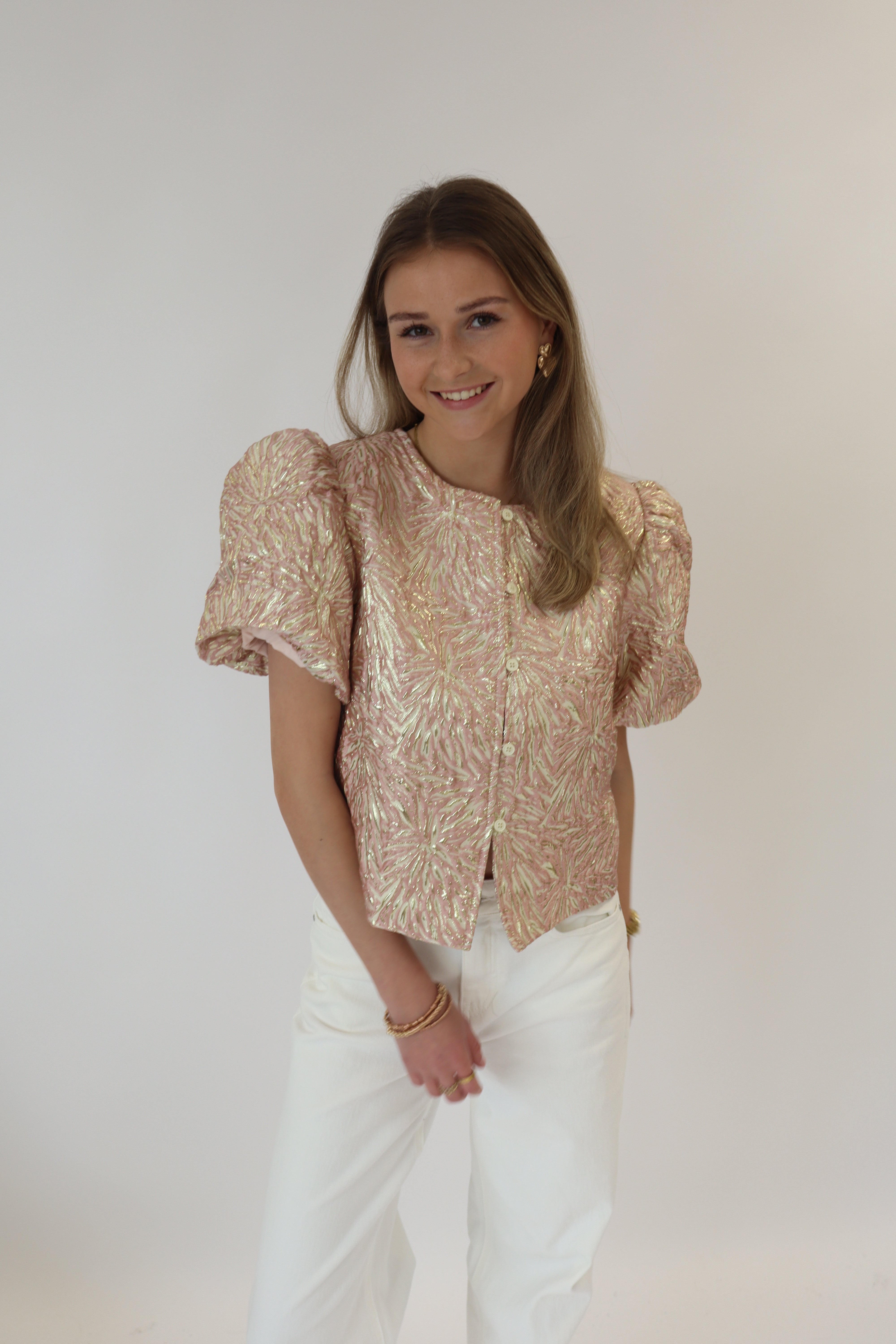 Lisa Printed Top Short Sleeve Beige/Pink