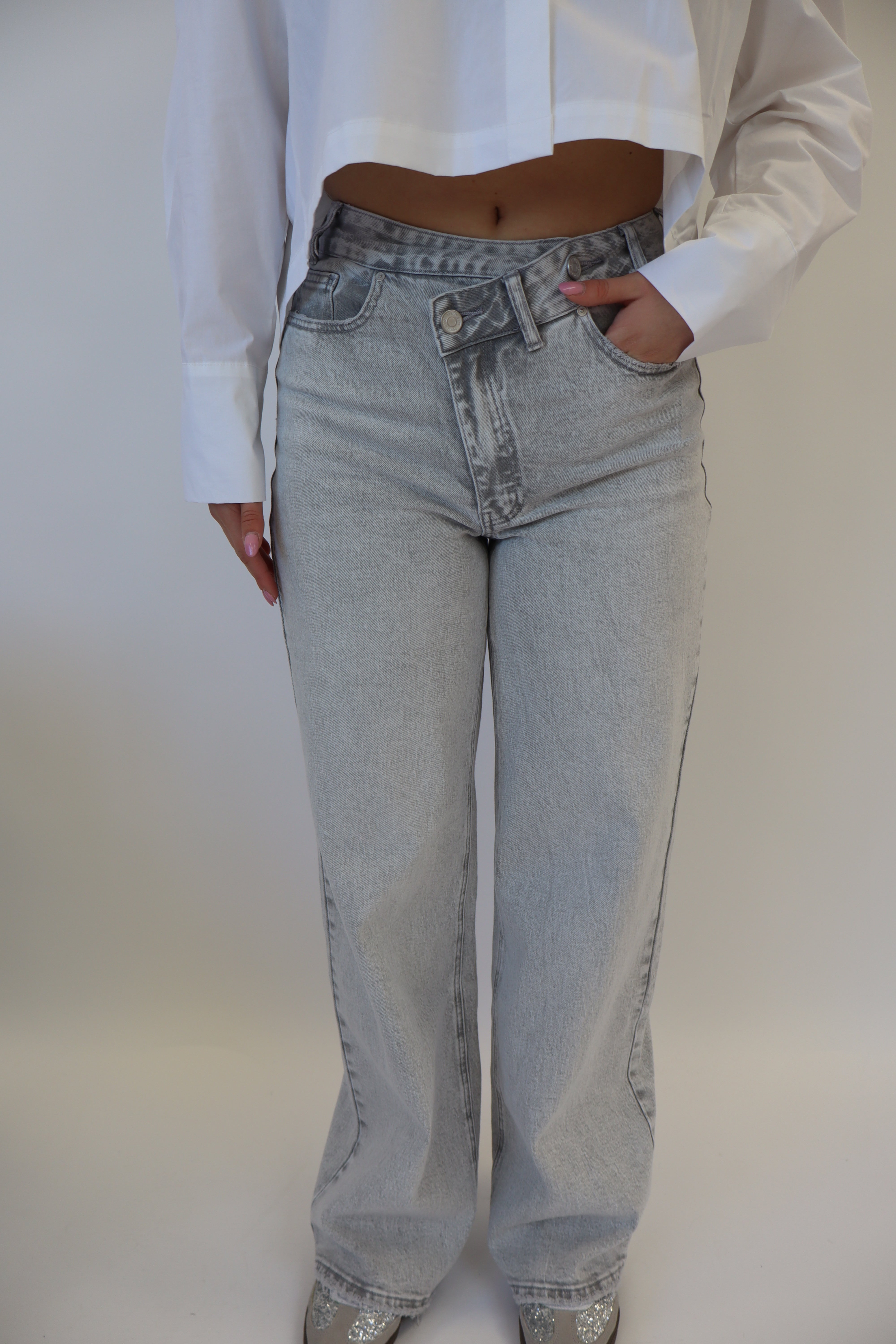 Double Button Jeans Light Grey | W3801-1