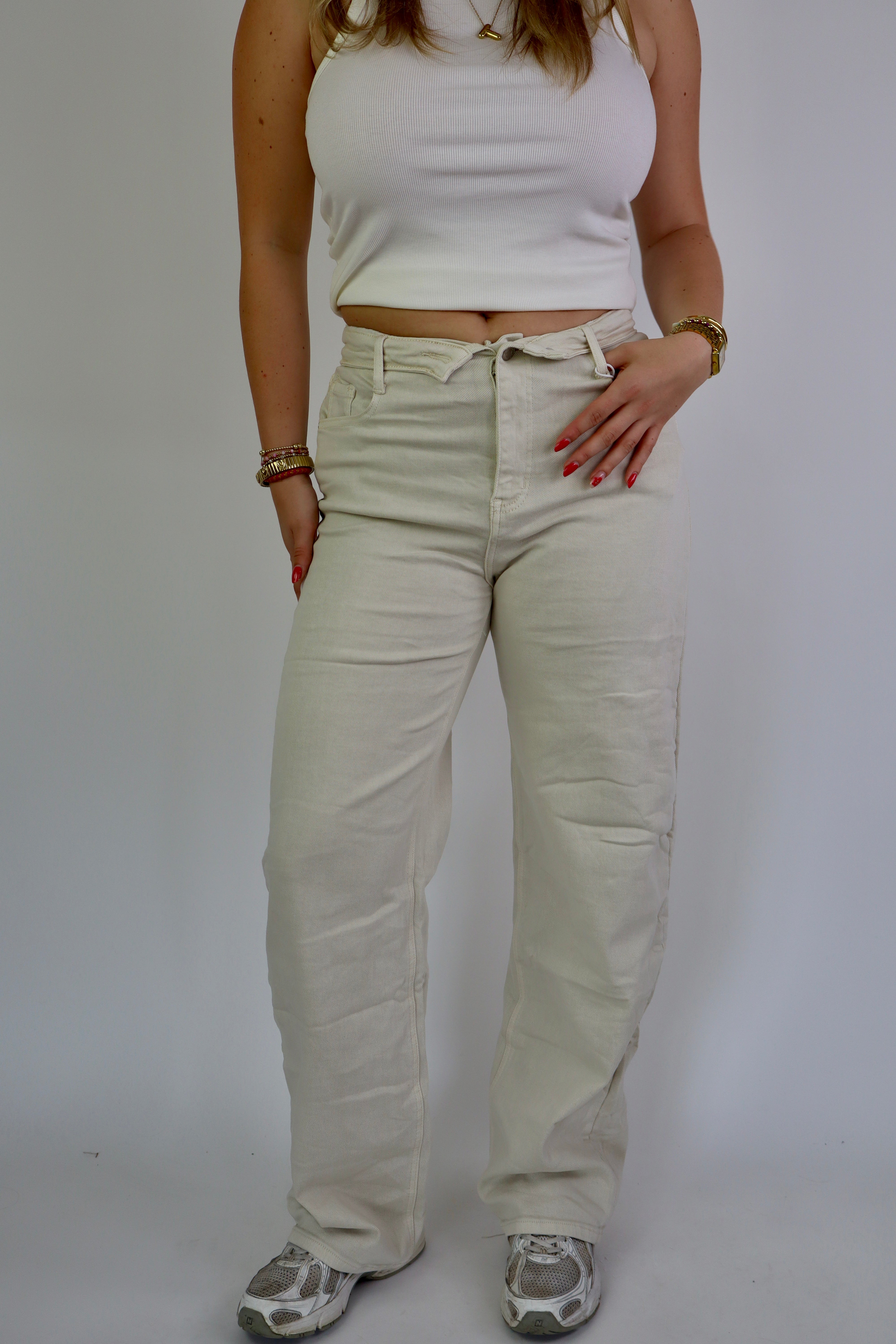 Fold Over Jeans Beige