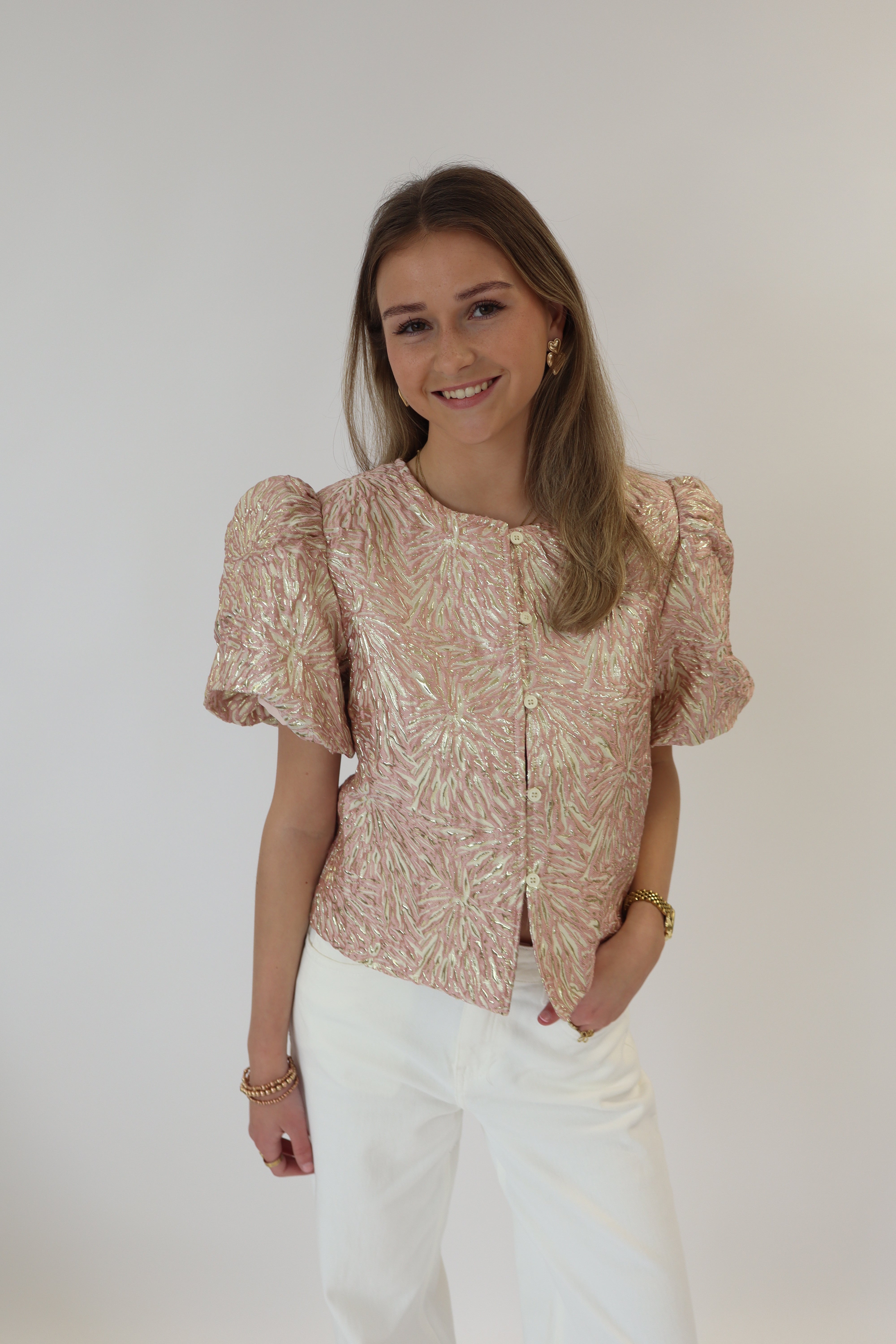 Lisa Printed Top Short Sleeve Beige/Pink
