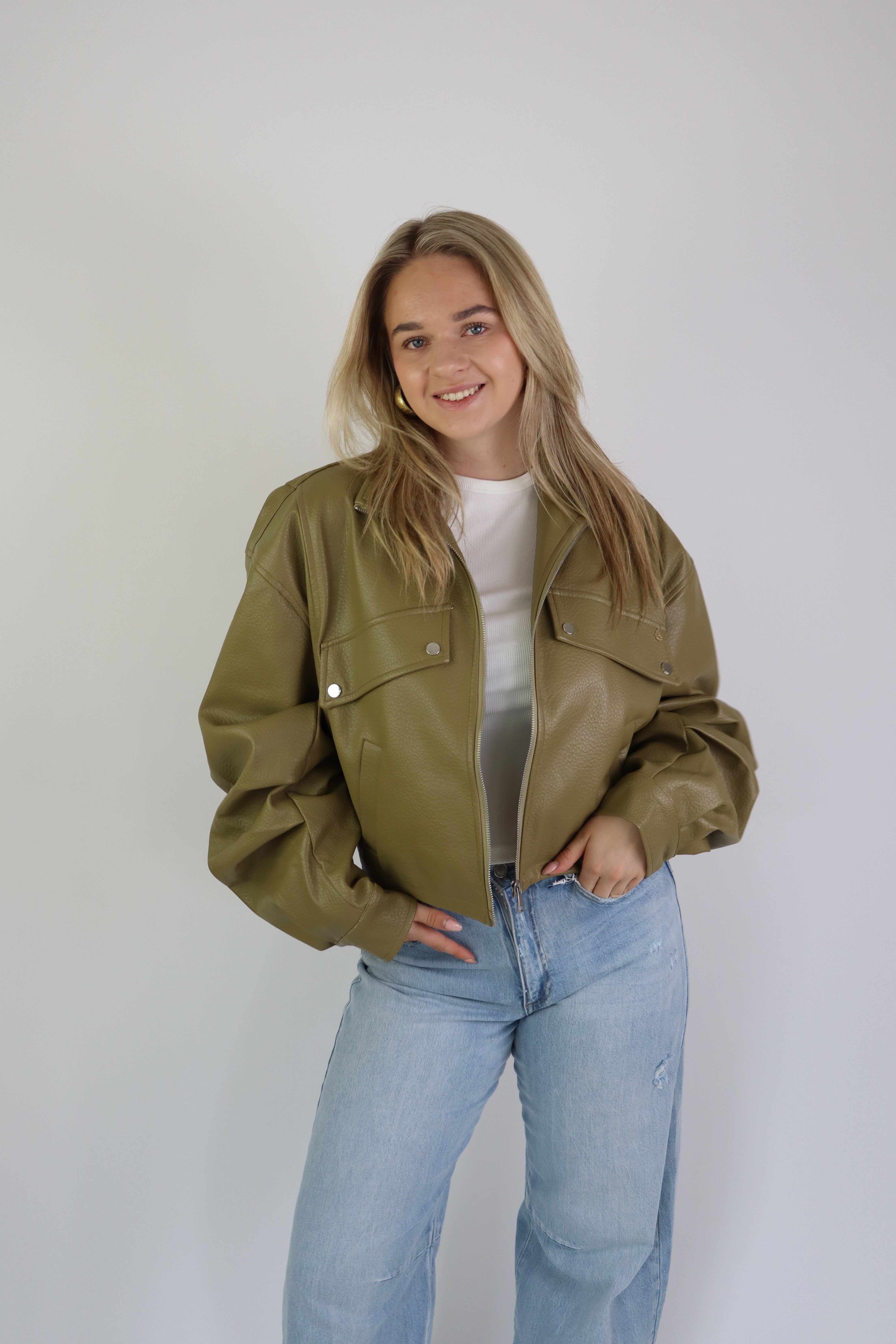 Jaeli Leather Jacket Olive Green