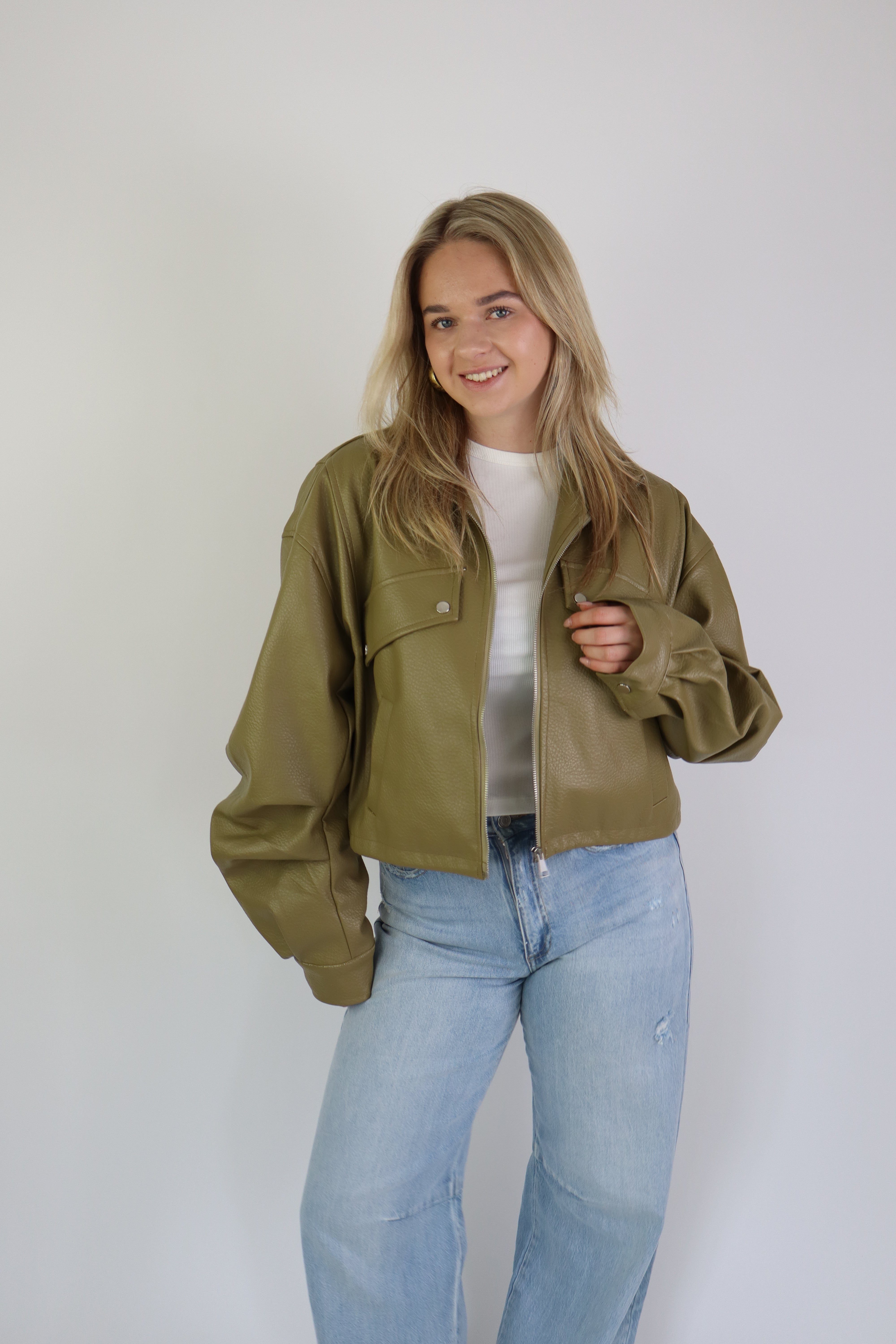 Jaeli Leather Jacket Olive Green