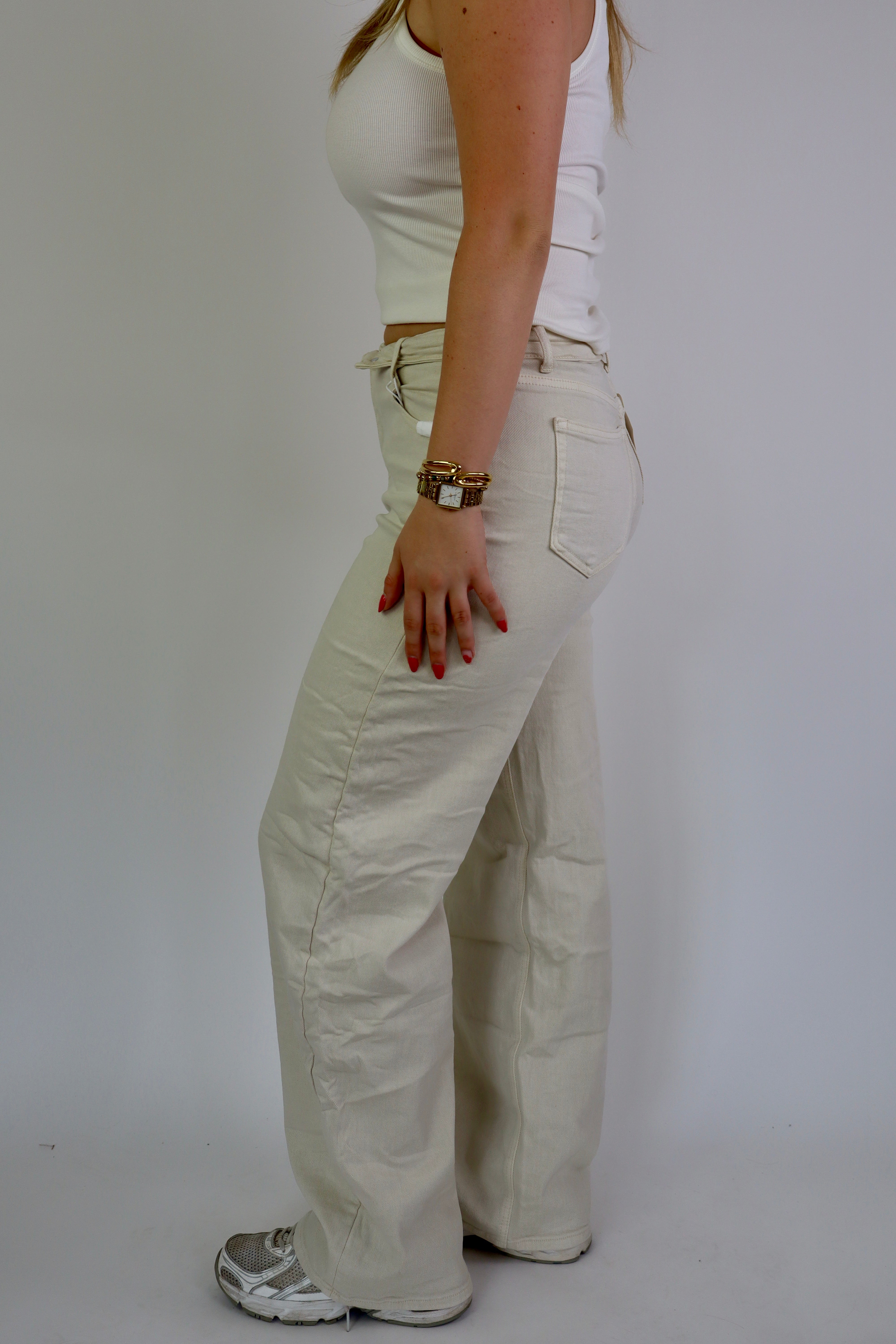 Fold Over Jeans Beige