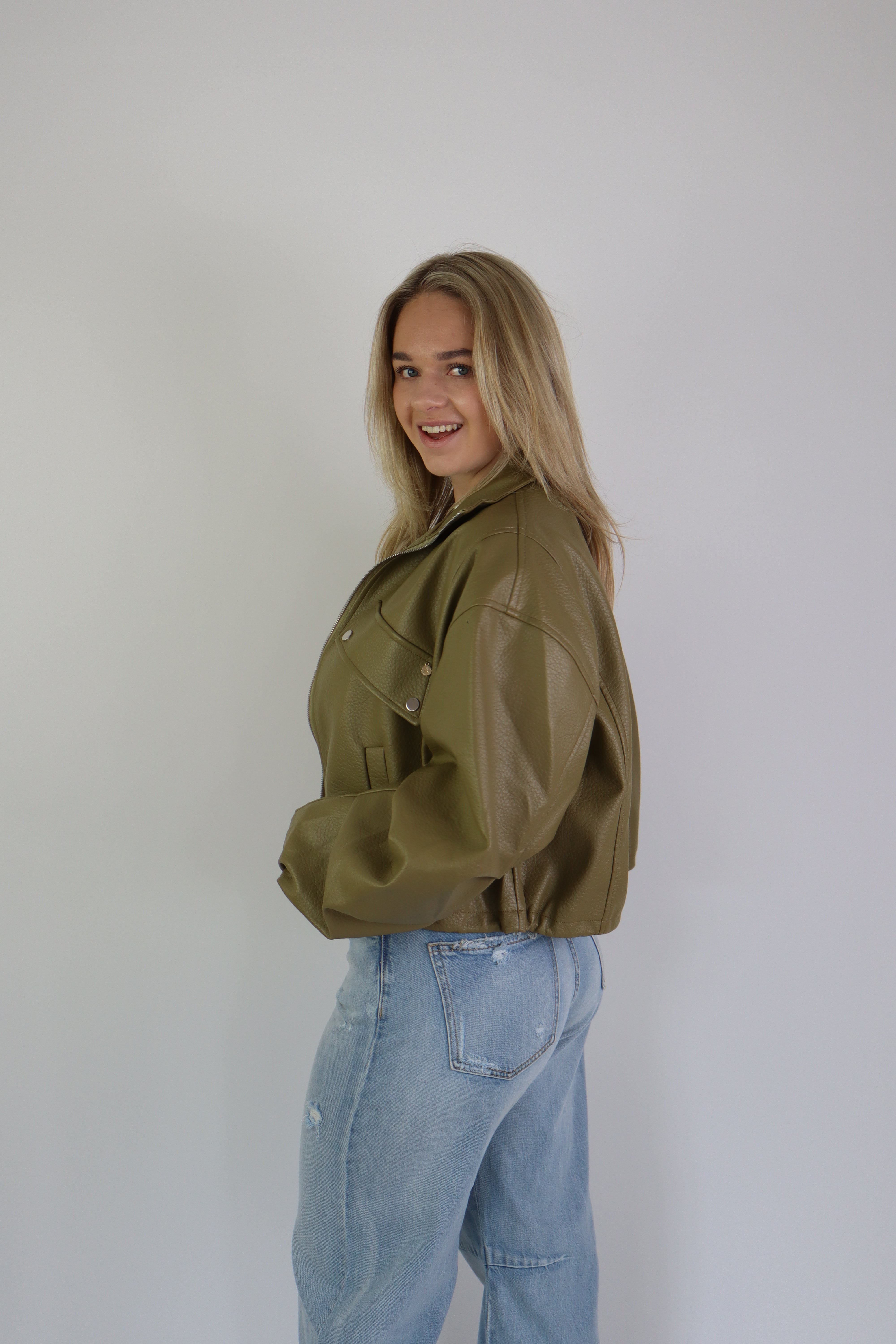 Jaeli Leather Jacket Olive Green