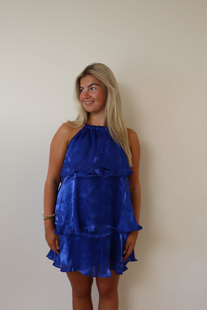 Satin Ruffle Dress Cobalt