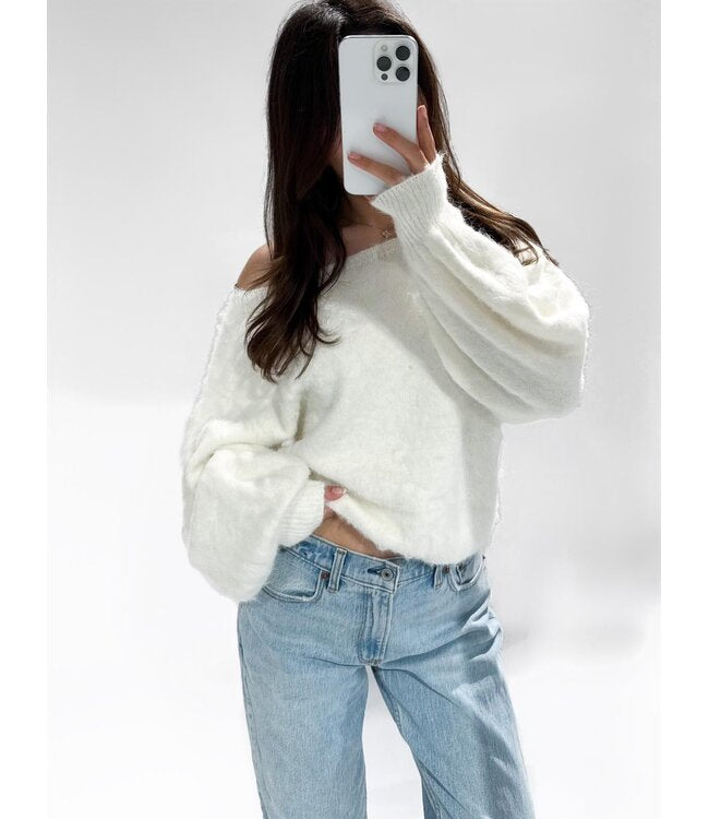 Fluffy Off Shoulder Knit White
