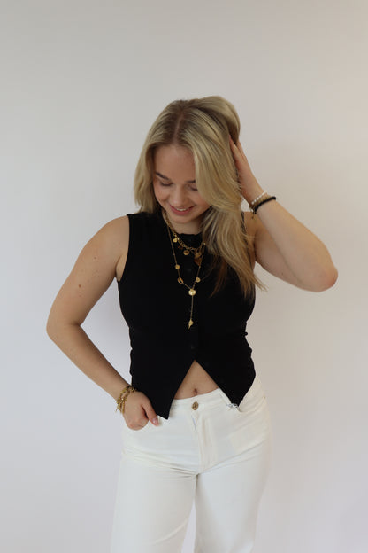 Beau Button Top Zwart