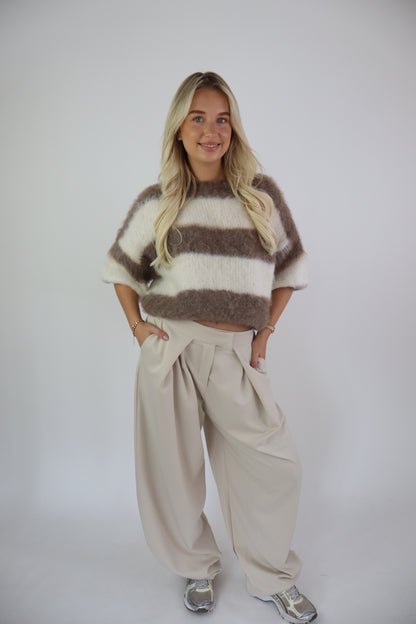 Fluffy Striped Knit Taupe/White