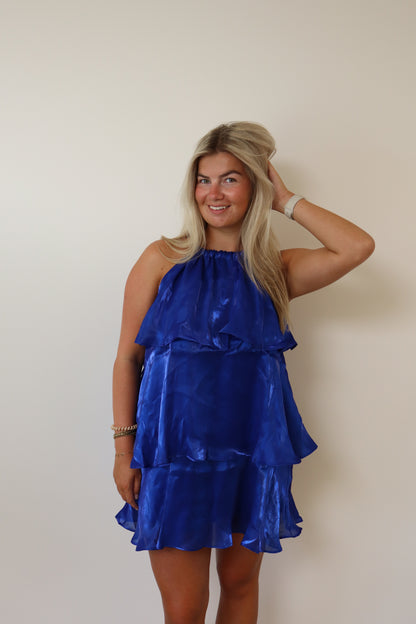 Satin Ruffle Dress Cobalt
