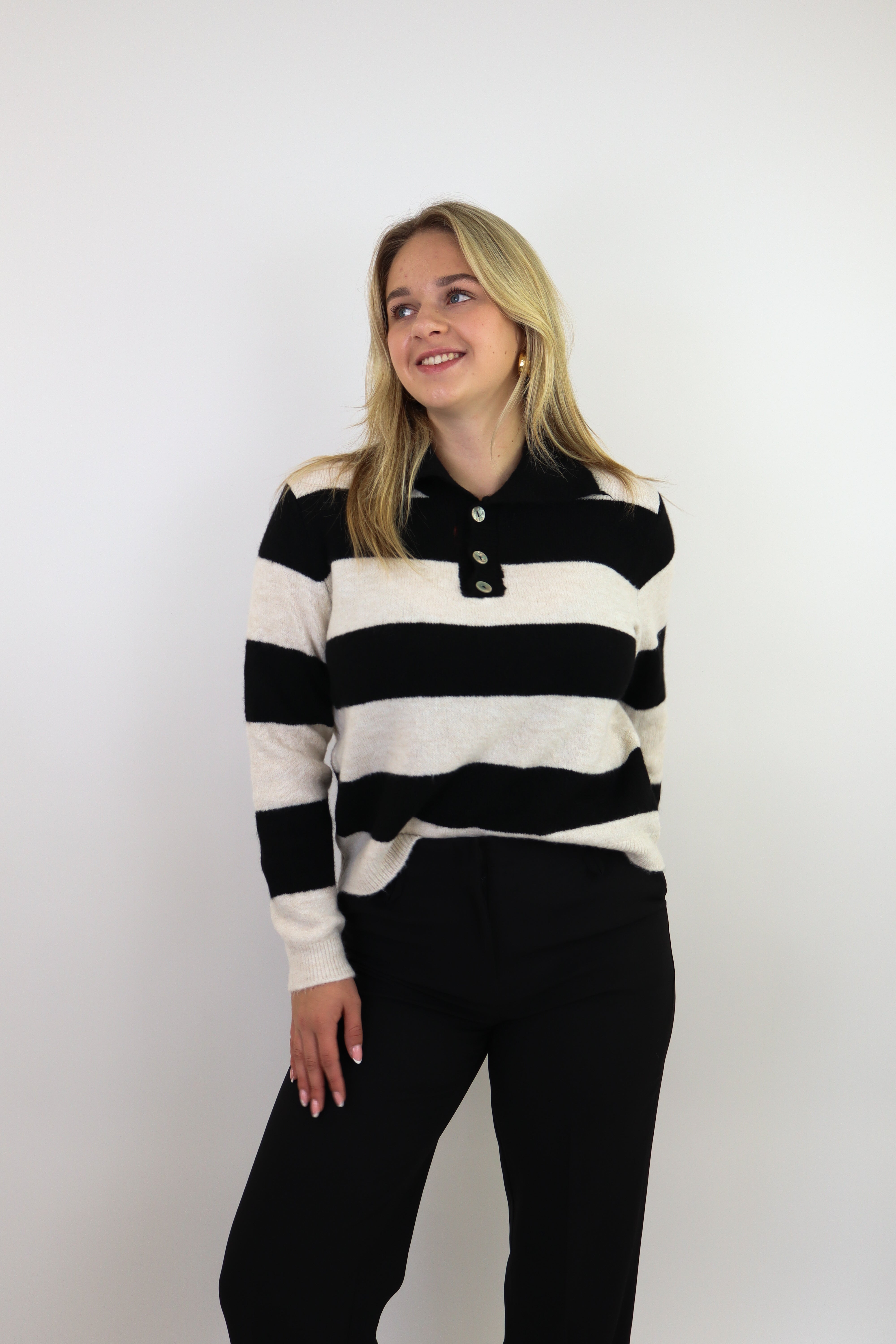 Striped Polo Sweater Zwart