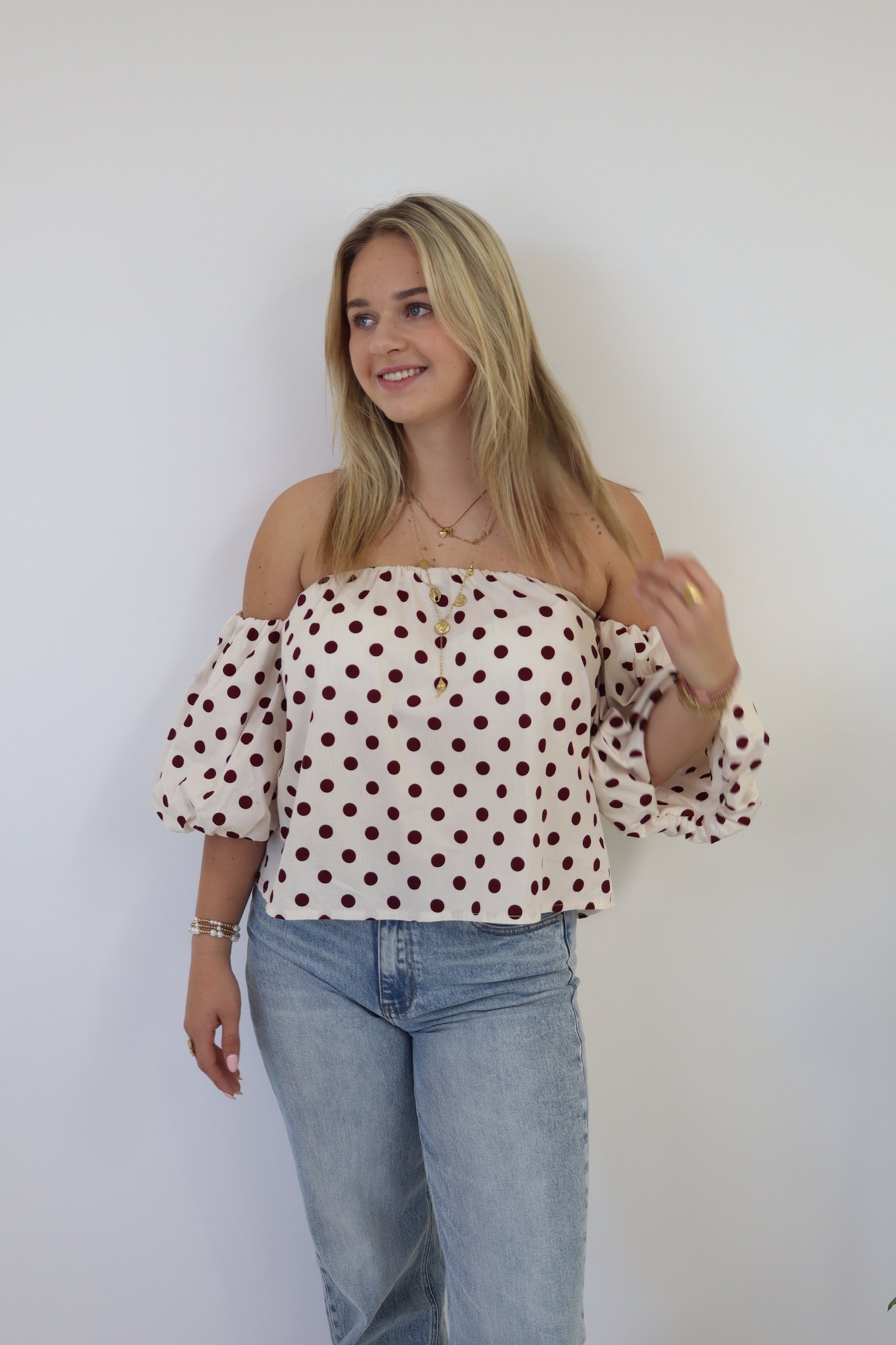 Daisy Polkadot Top White/Bordeaux
