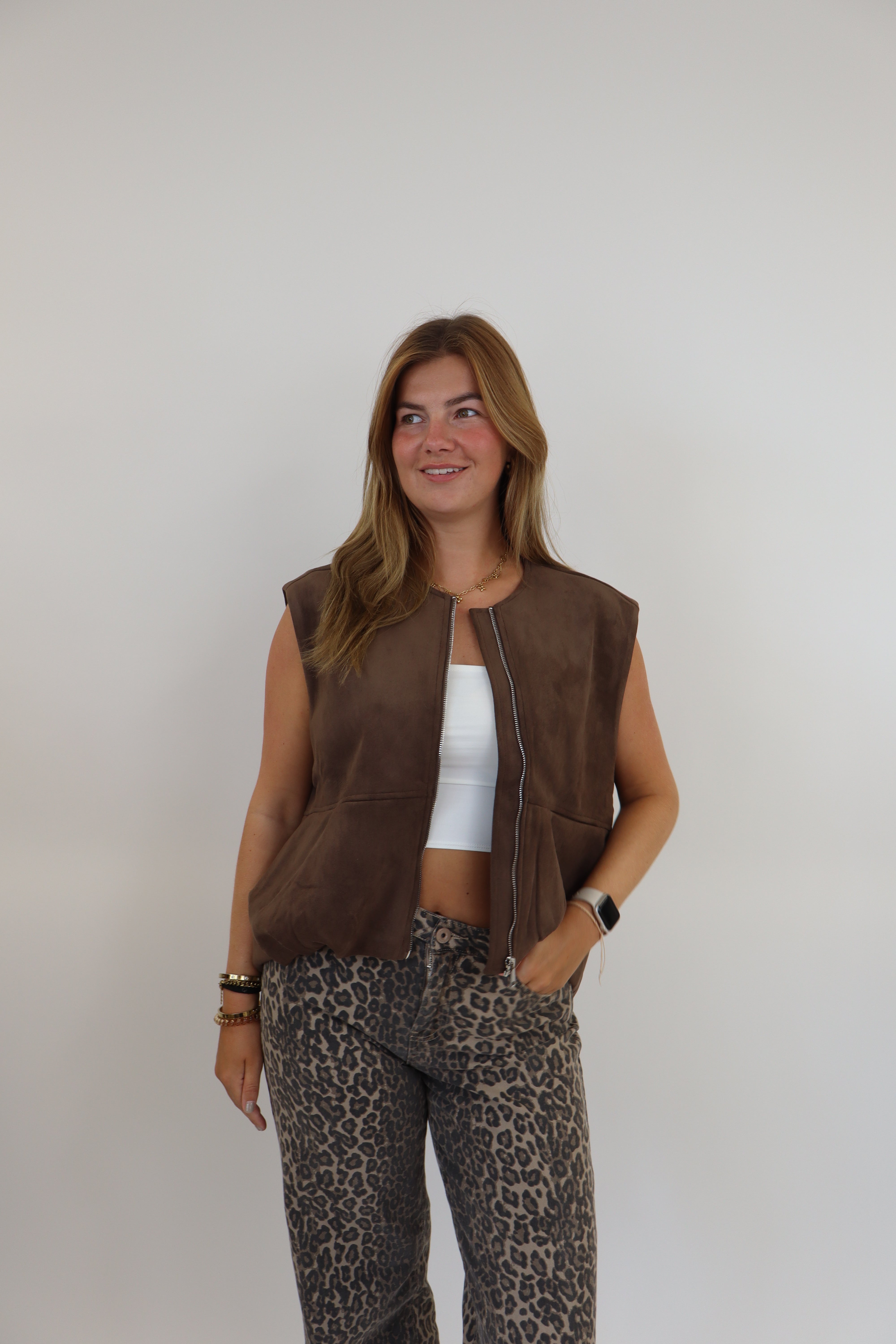 Suede Bomber Gilet Brown