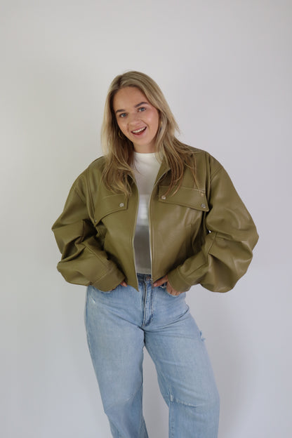 Jaeli Leather Jacket Olive Green