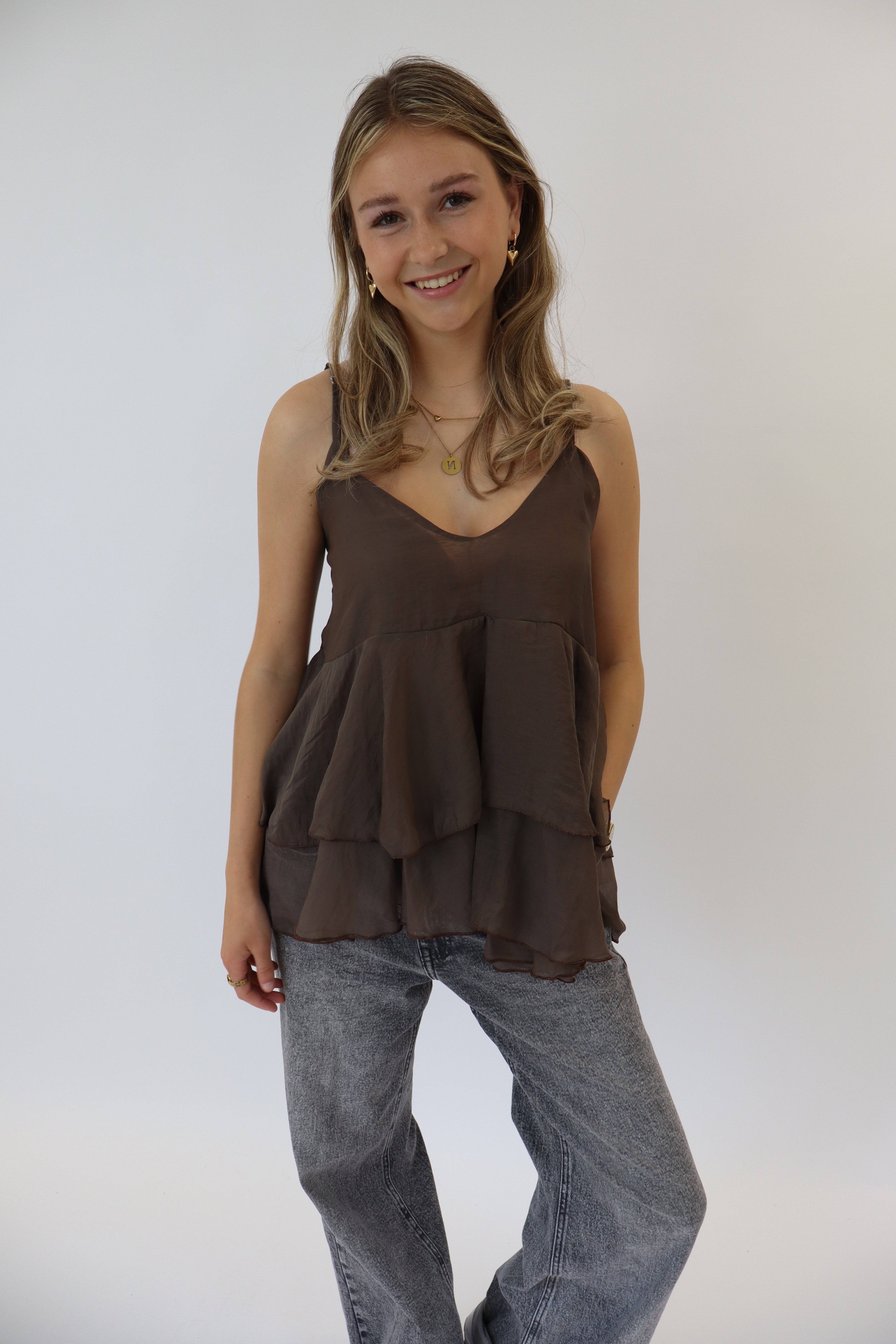 Mila Ruffle Top Taupe