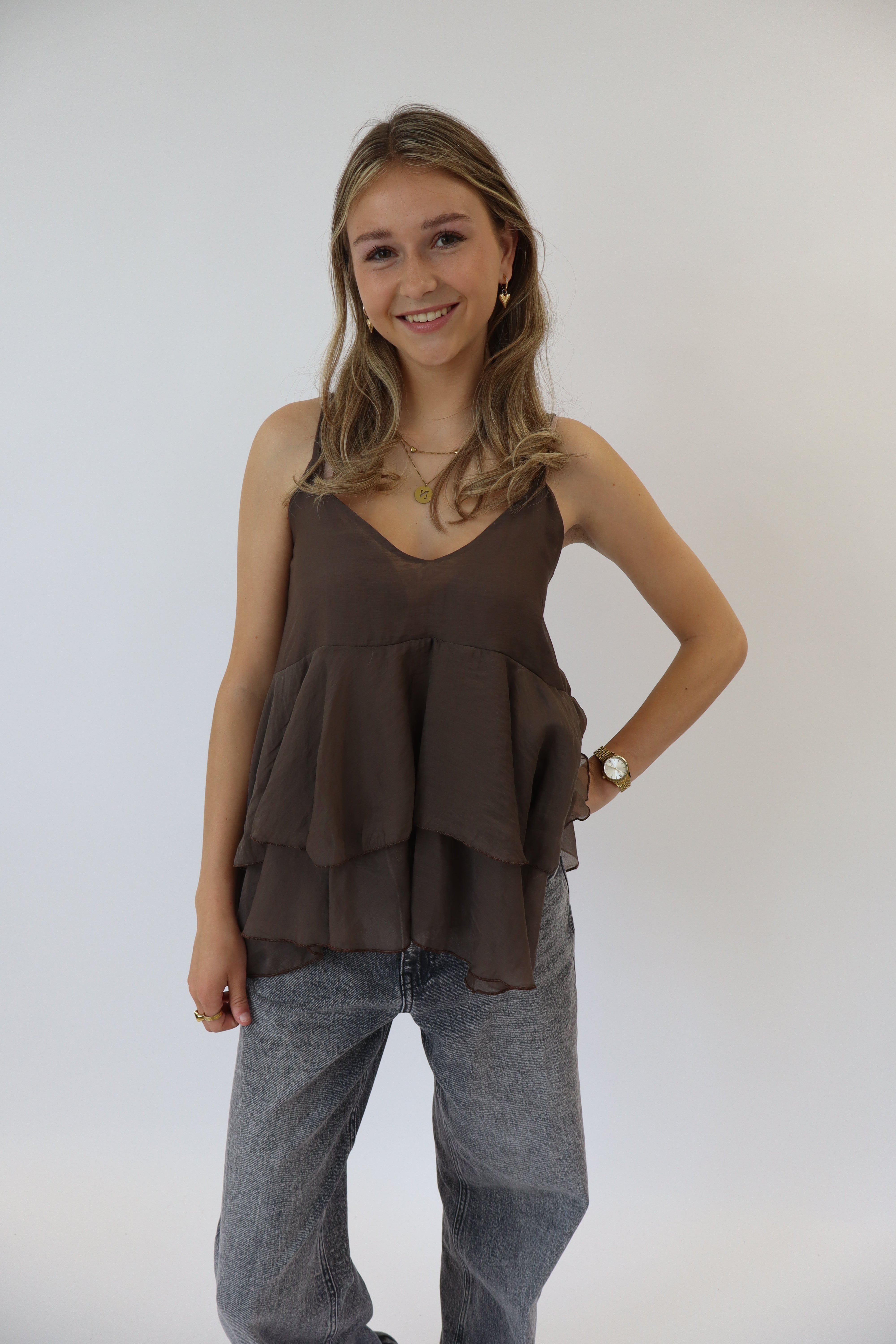 Mila Ruffle Top Taupe