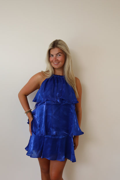 Satin Ruffle Dress Cobalt