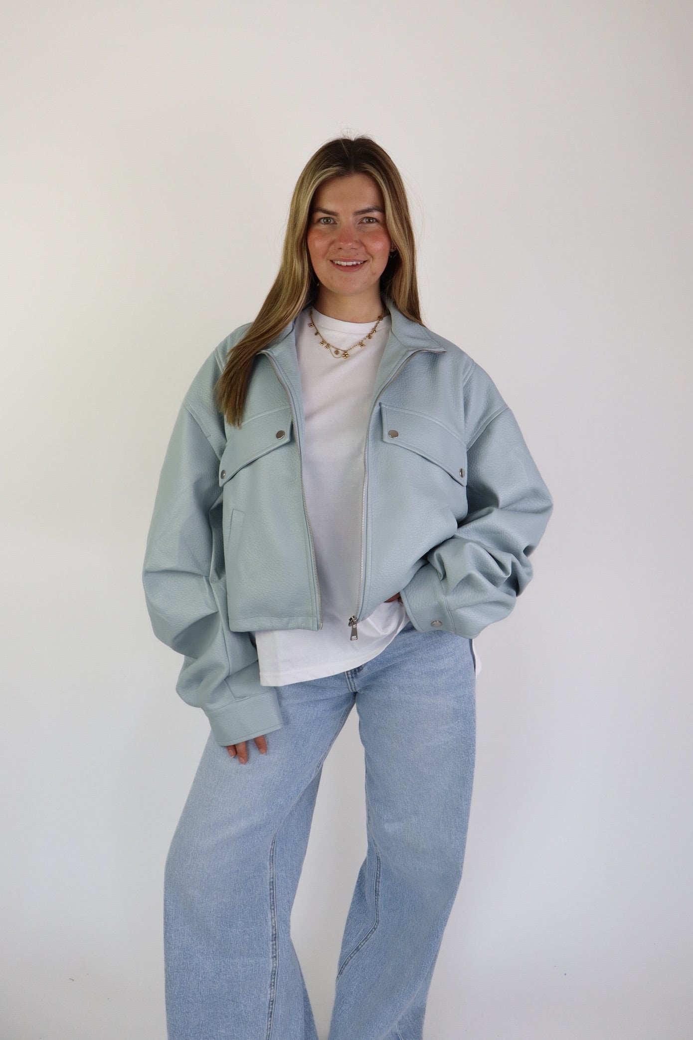 Jaeli Leather Jacket Light Blue