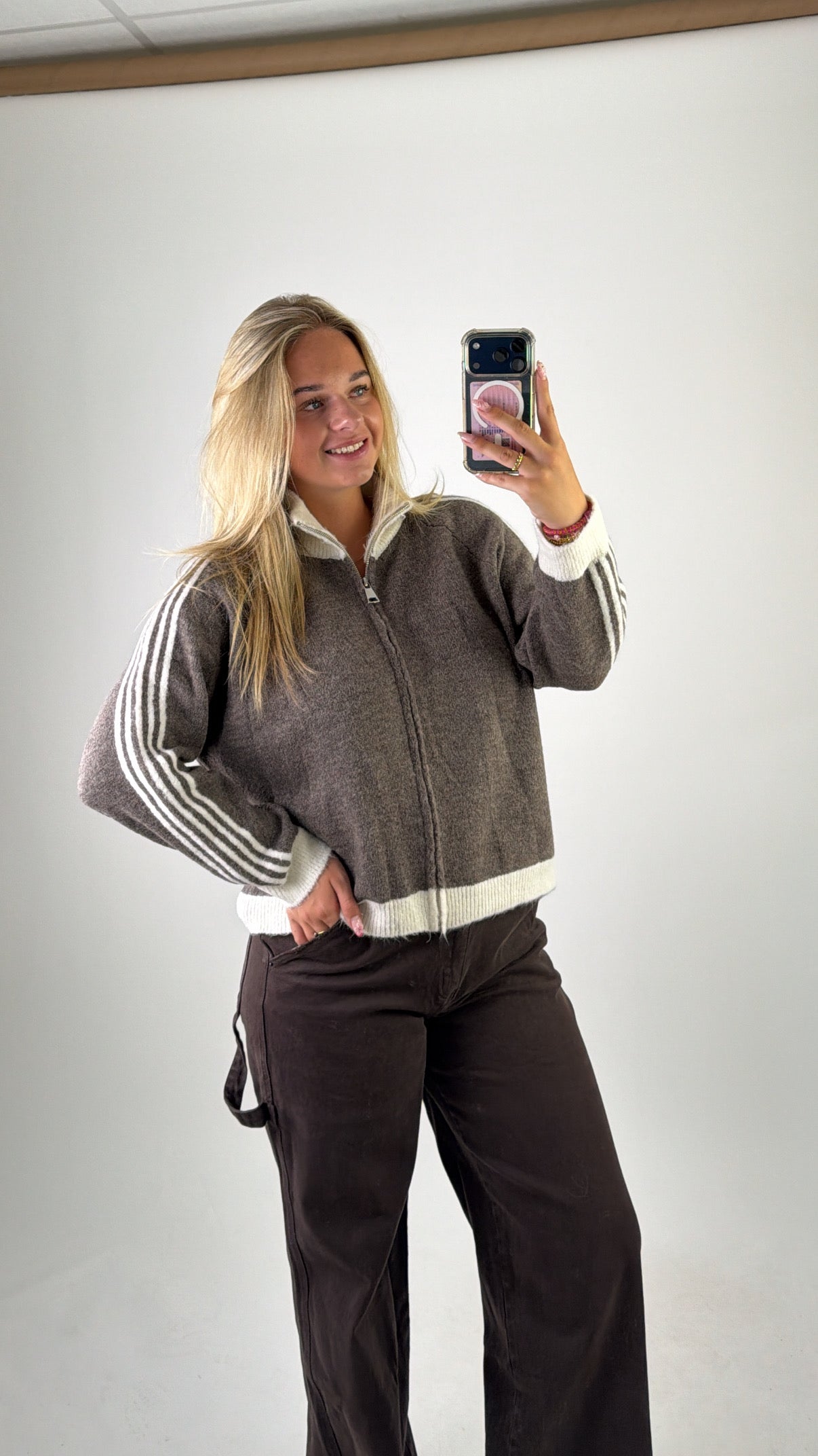 Ambika Striped Cardigan Taupe/White