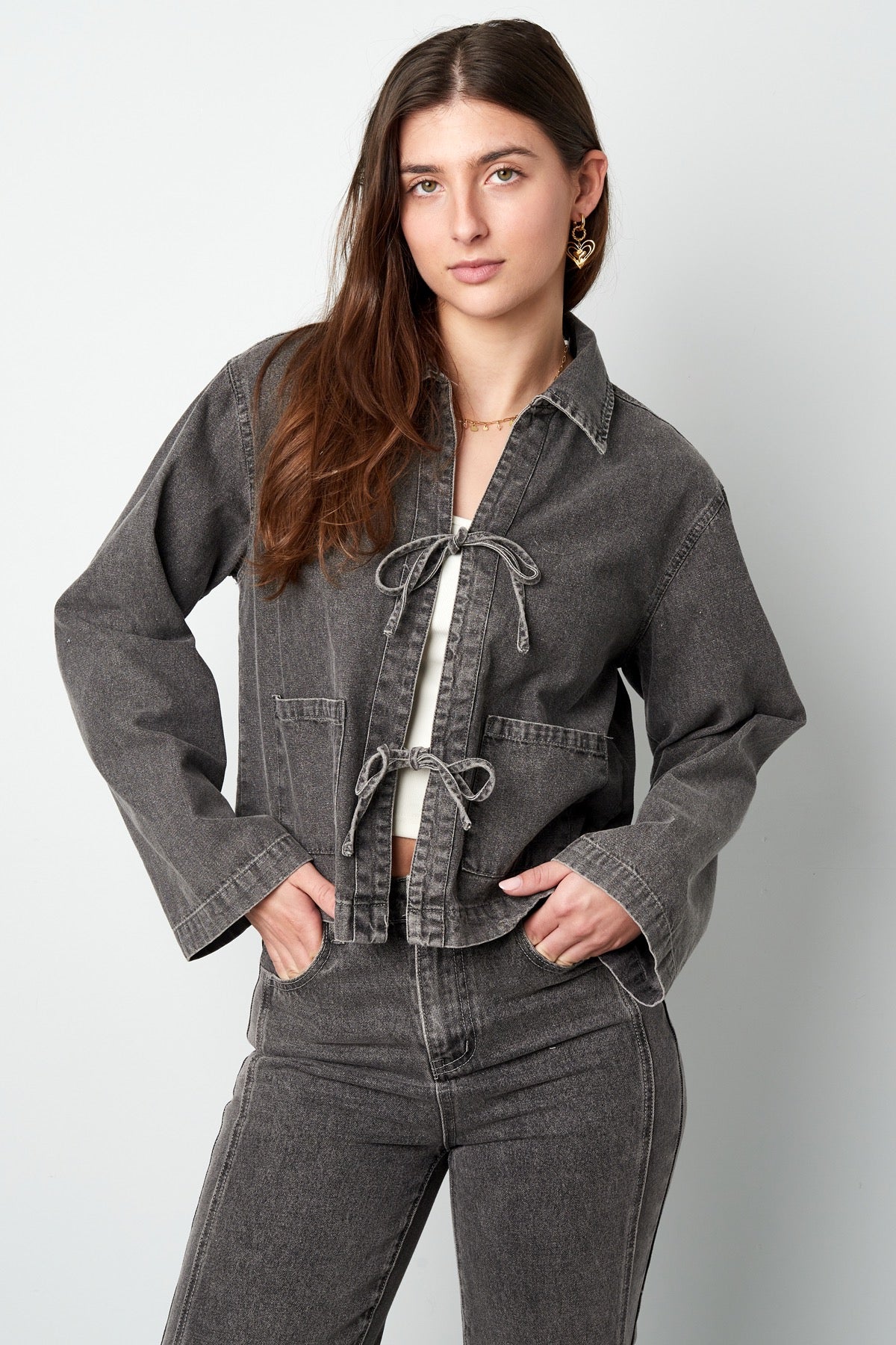 Denim Jacket Met Strikjes Grijs
