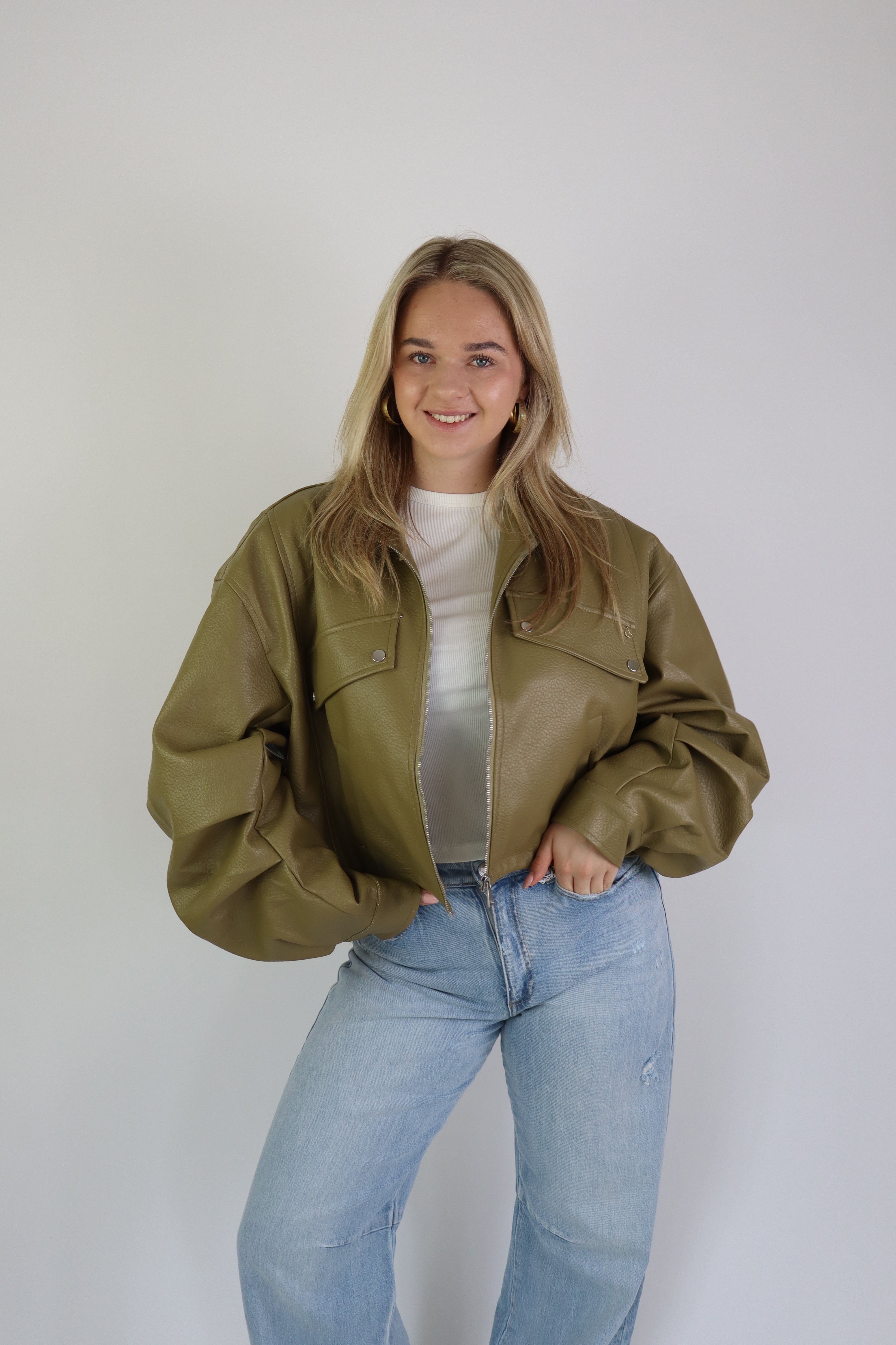 Jaeli Leather Jacket Olive Green