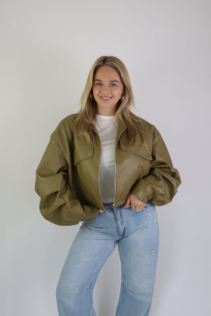 Jaeli Leather Jacket Olive Green