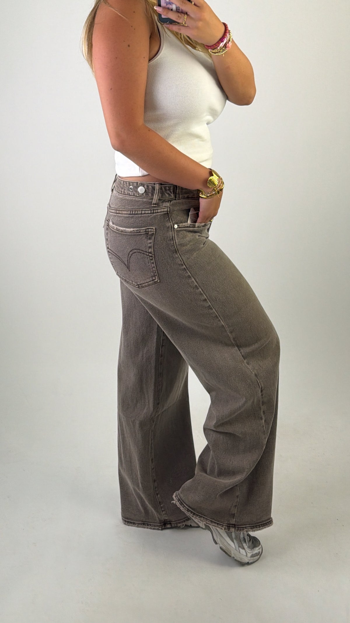 Adjustable Wide Leg Jeans Mid Waist Taupe