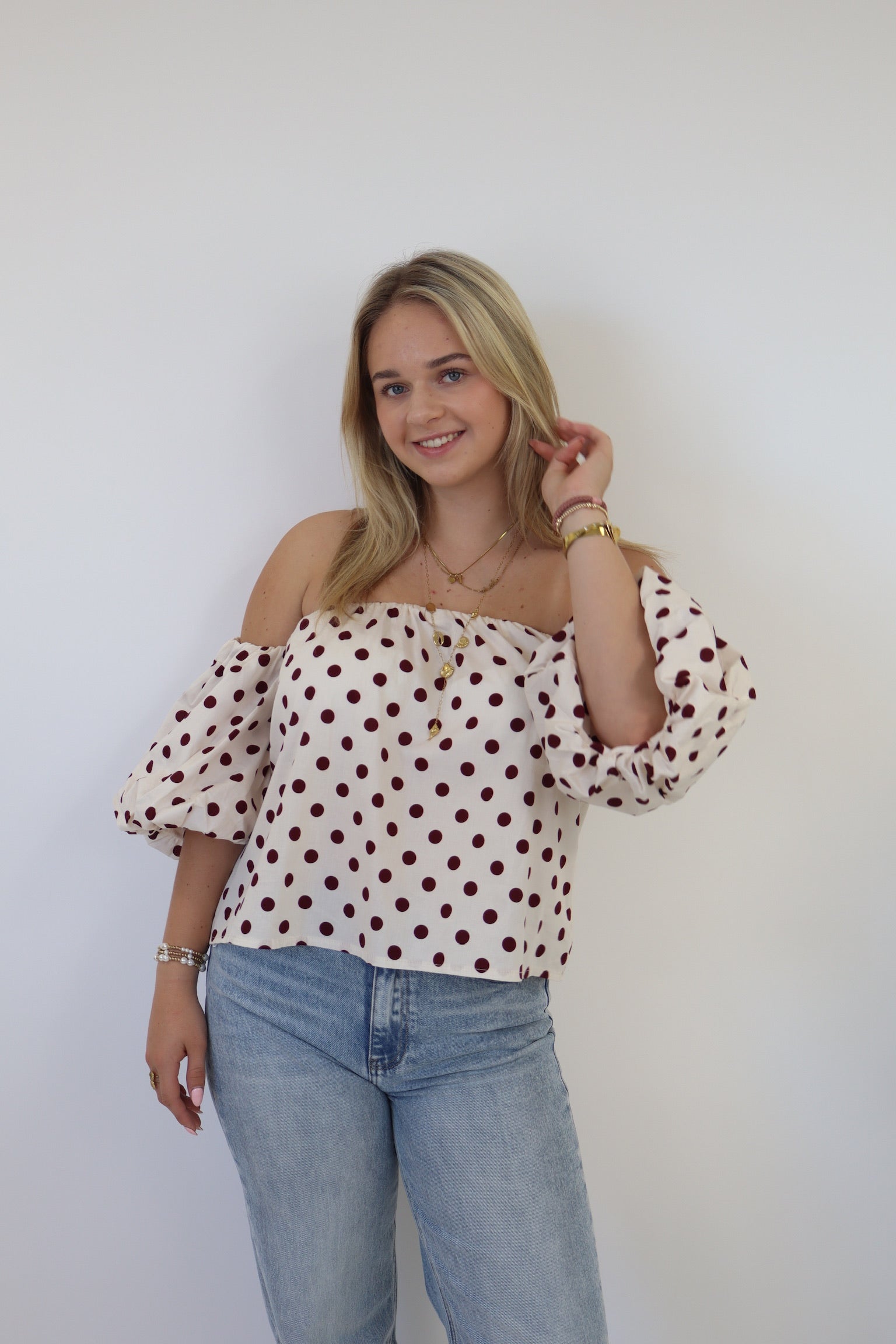 Daisy Polkadot Top White/Bordeaux