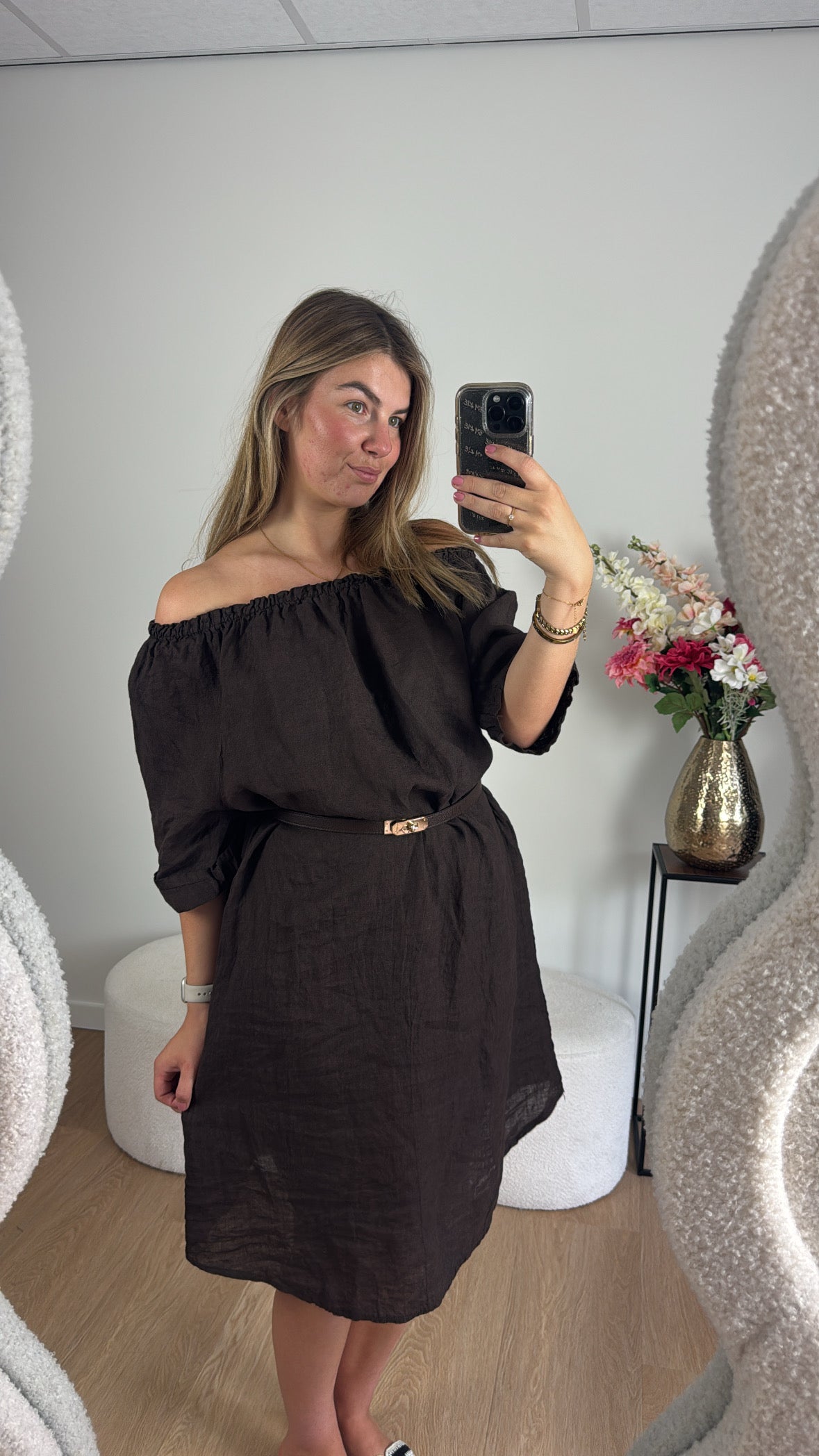 Marijn Off Shoulder Dress Brown