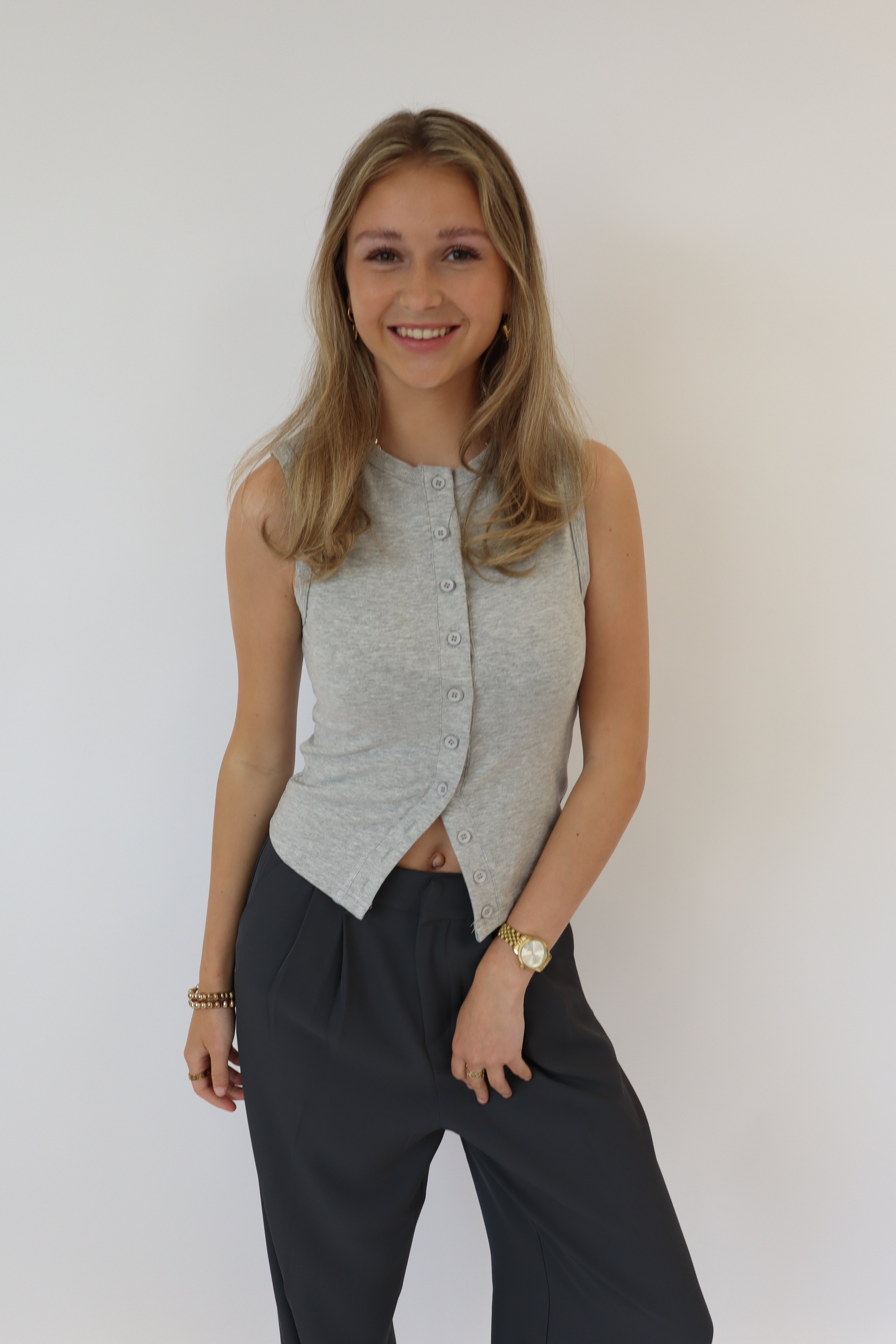 Beau Button Top Licht Grijs