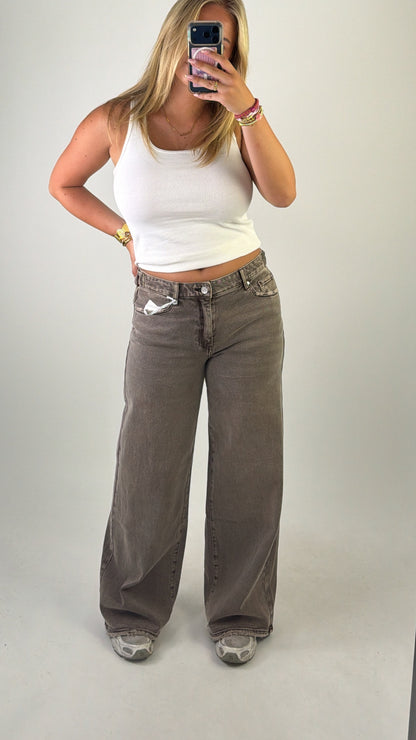 Adjustable Wide Leg Jeans Mid Waist Taupe