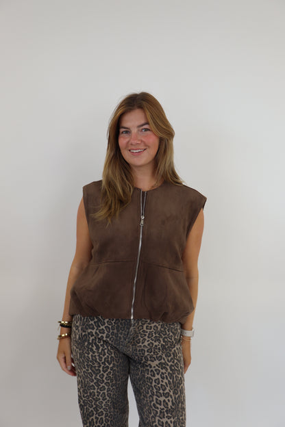 Suede Bomber Gilet Brown