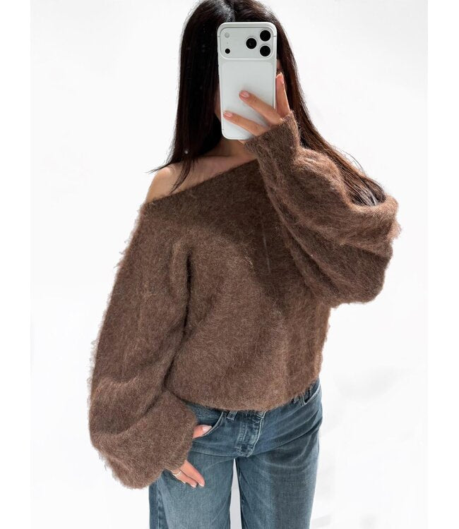 Fluffy Off Shoulder Knit Brown