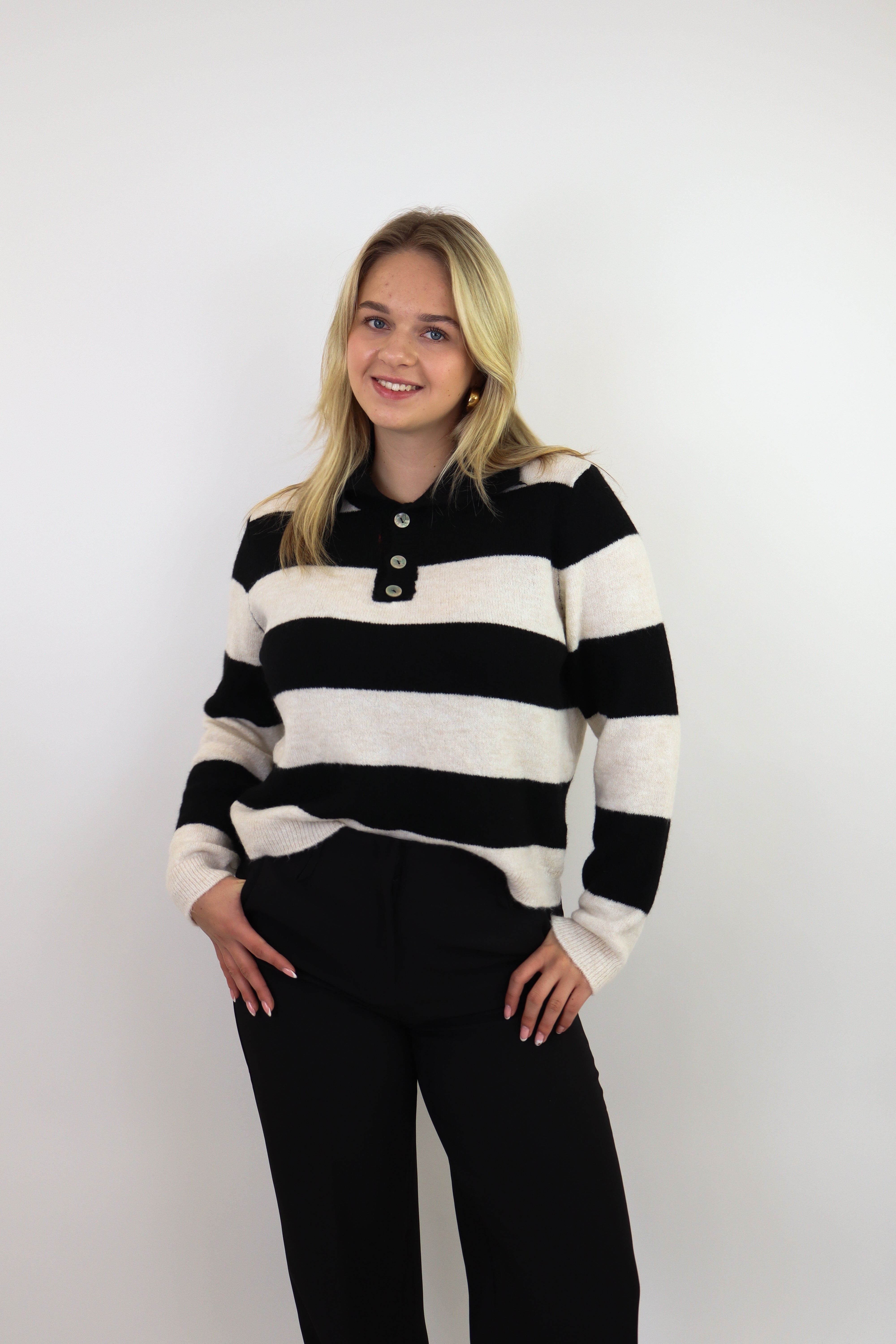 Striped Polo Sweater Zwart