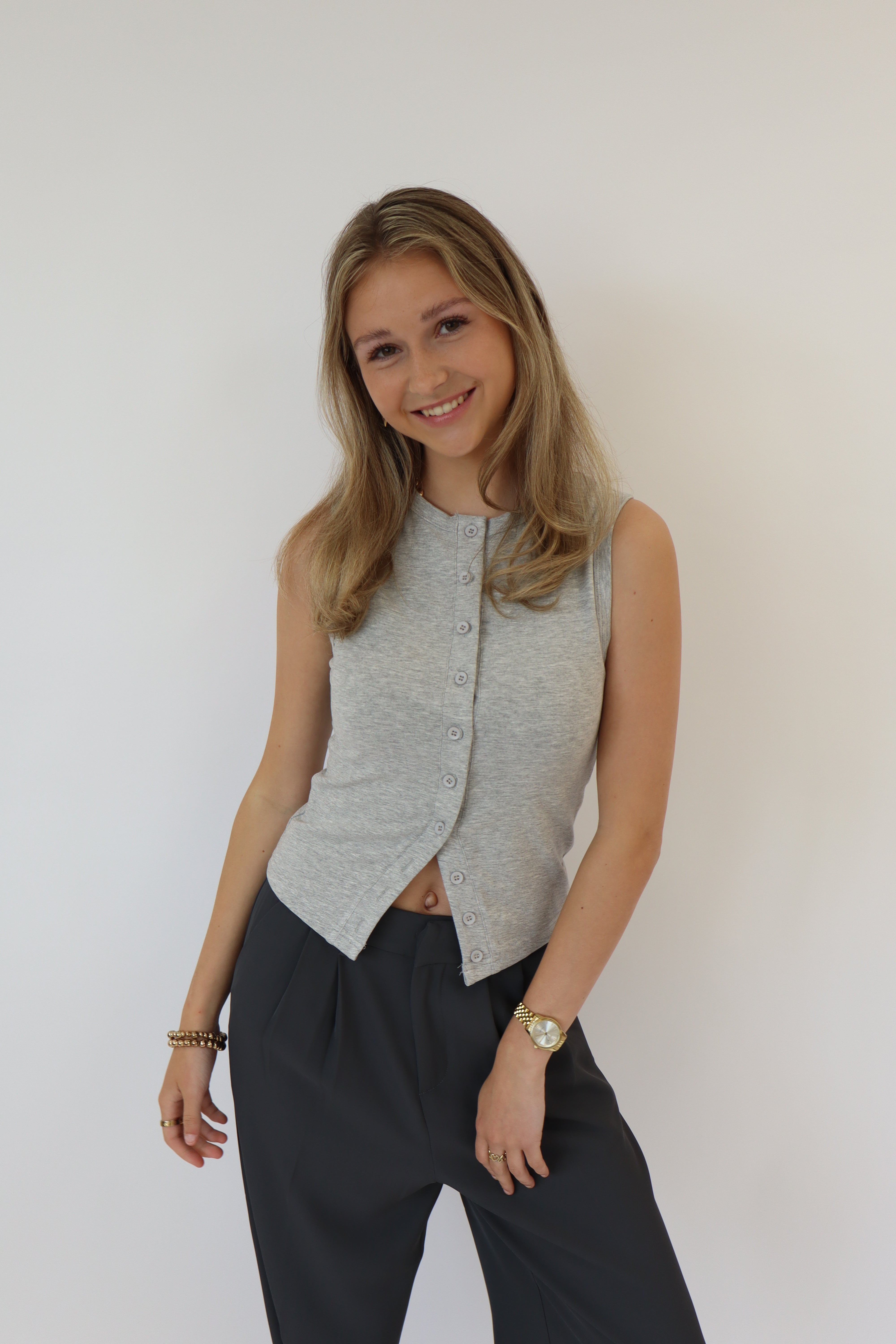 Beau Button Top Licht Grijs