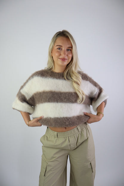 Fluffy Striped Knit Taupe/White