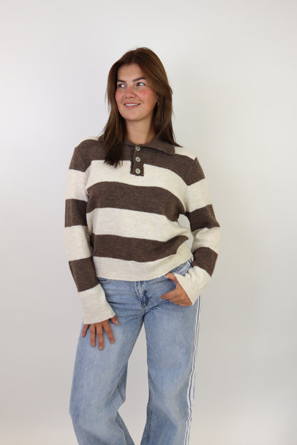 Striped Polo Sweater Brown
