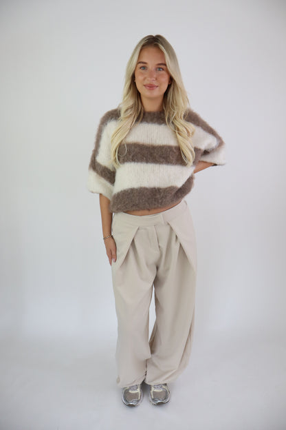 Fluffy Striped Knit Taupe/White