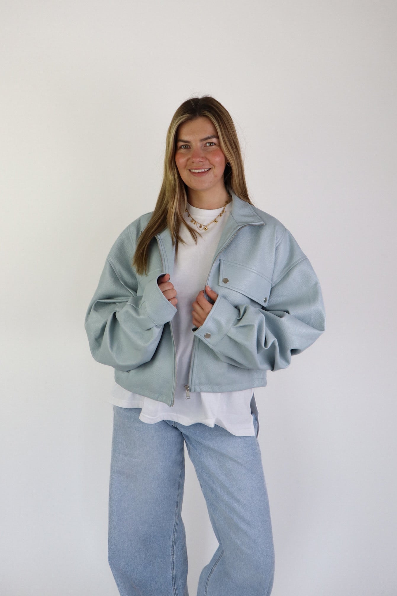 Jaeli Leather Jacket Light Blue