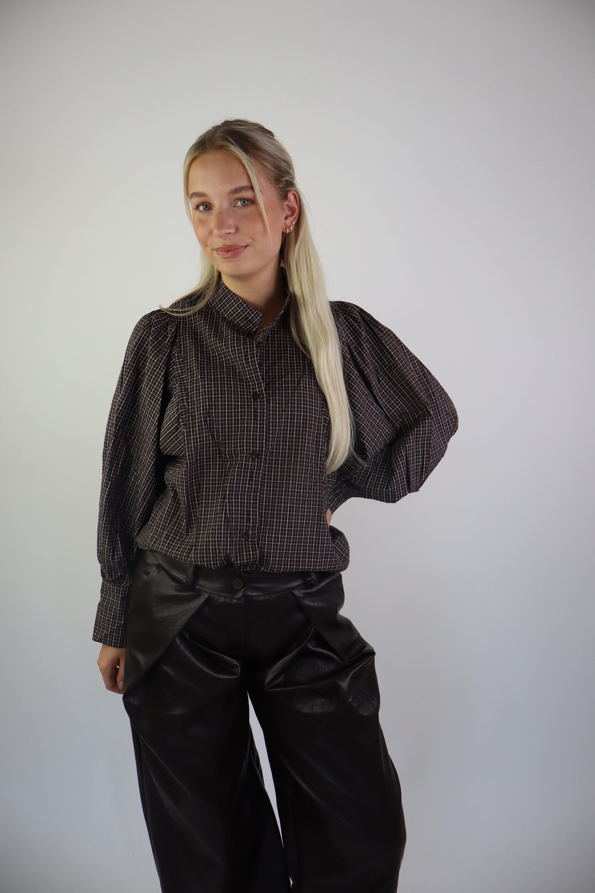 Jolie Ruitjes Blouse Bruin